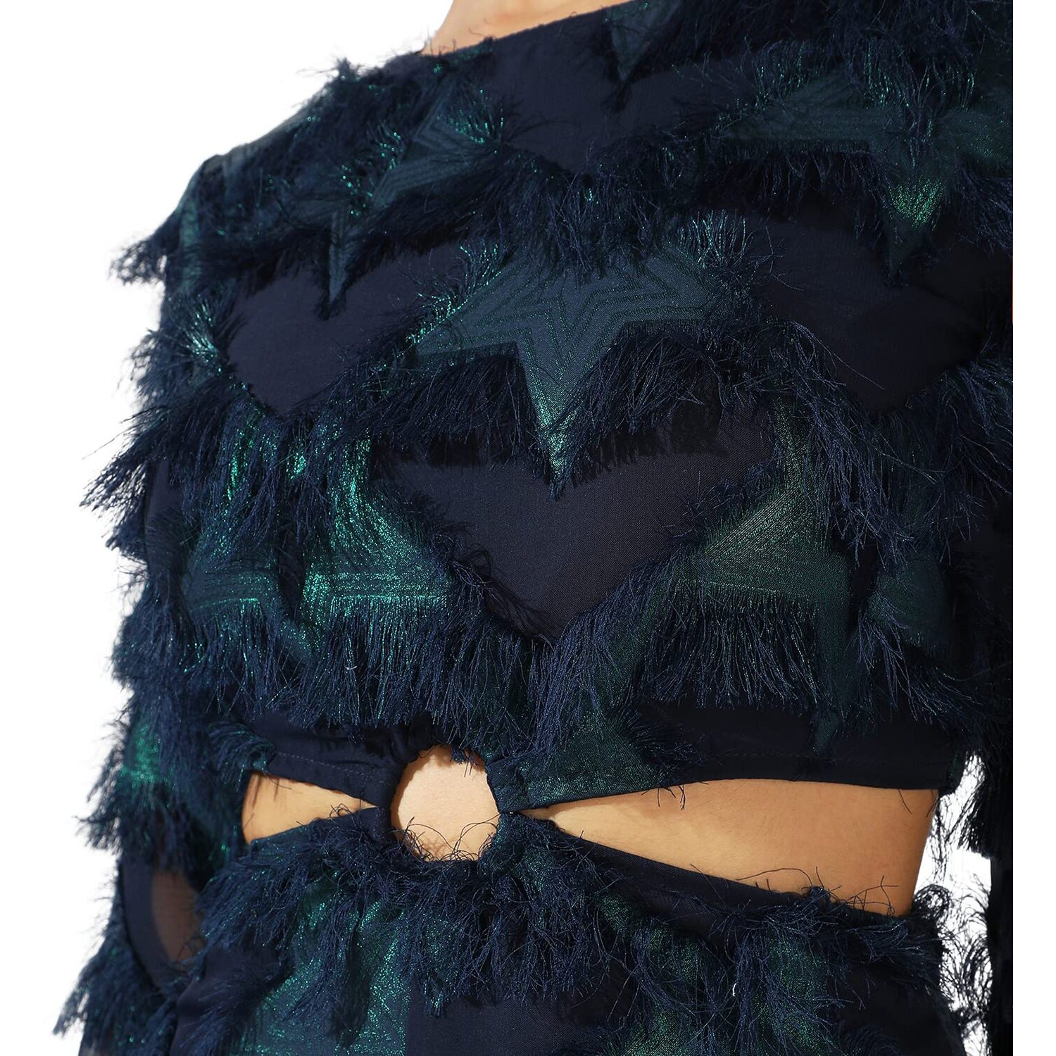 Campus Sutra Women's Green & Blue Cutout Fringe Dress For Casual Wear | Long Sleeve | Midi Length | Dress Crafted With Comfort Fit And High Performance For Everyday Wear