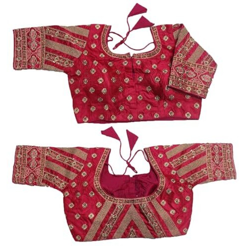 Pujia Mills Women's Indian Ethnic Wear Stitched Designer Golden Codding With Zari Embroidered Work Round Neck Half Sleeve Readymade Padded Saree Blouse Pink Readymade Work Blouse