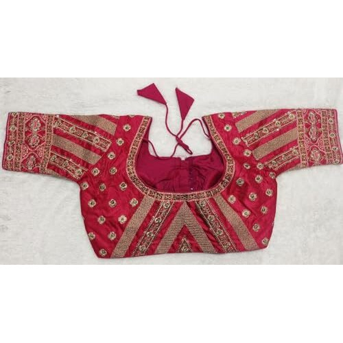 Pujia Mills Women's Indian Ethnic Wear Stitched Designer Golden Codding With Zari Embroidered Work Round Neck Half Sleeve Readymade Padded Saree Blouse Pink Readymade Work Blouse