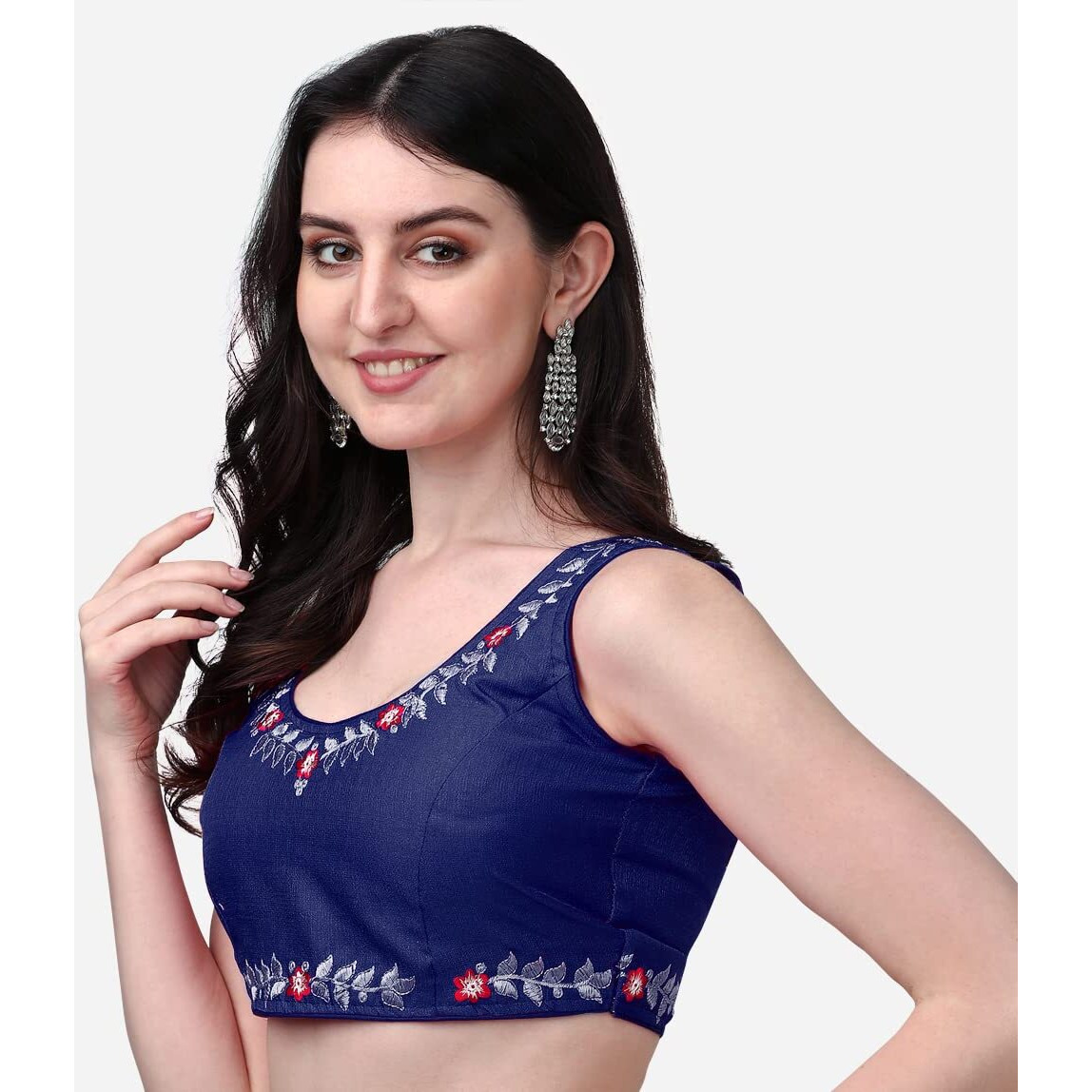 Pujia Mills Women's Silk Flower Embroidery Work Sleeveless Readymade Saree Blouse (Gk 51_Navy Blue_38)