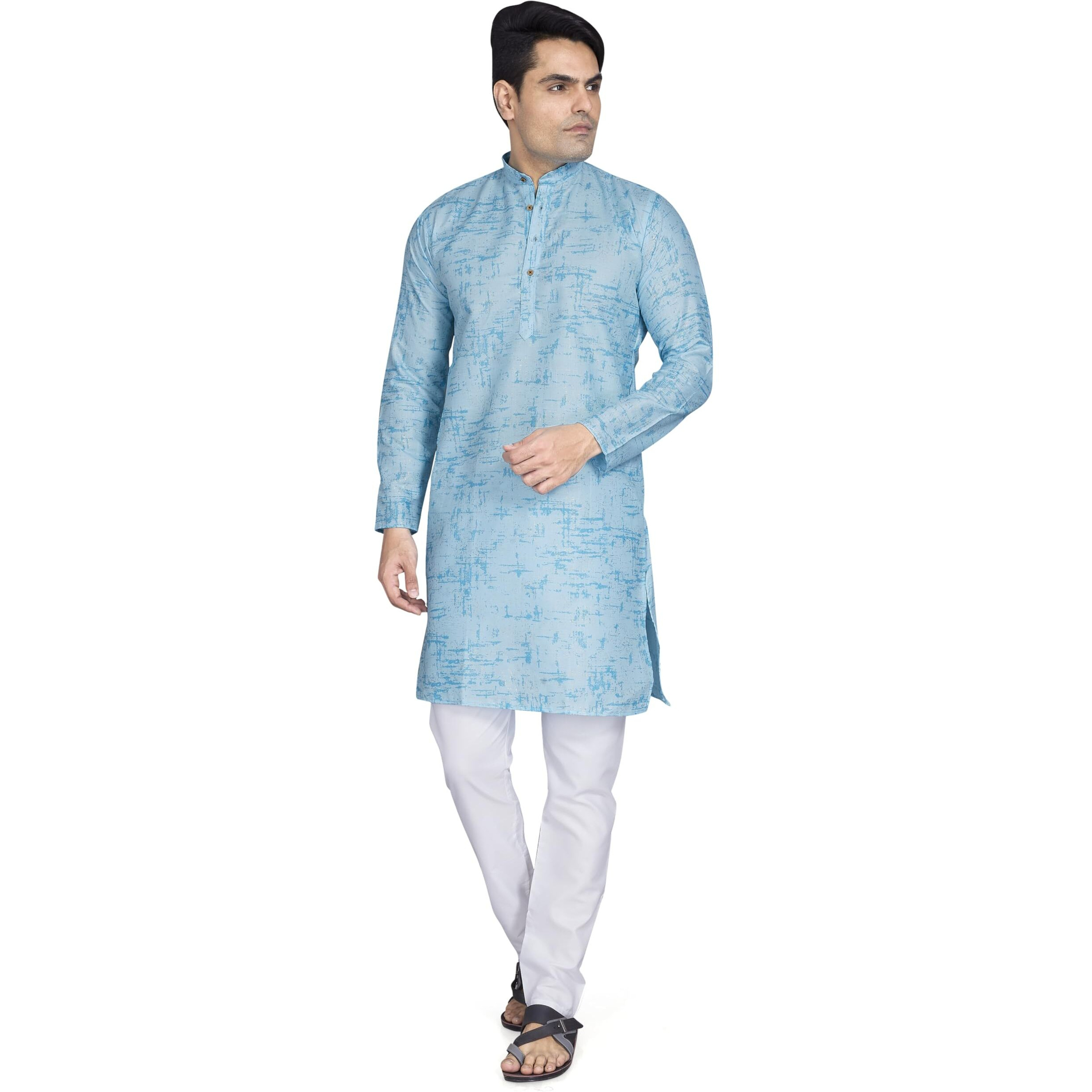 Divisive Men's Printed Cotton Blend Linen Slim Fit Kurta Pyjama Set (Dkrt872_M_Blue)