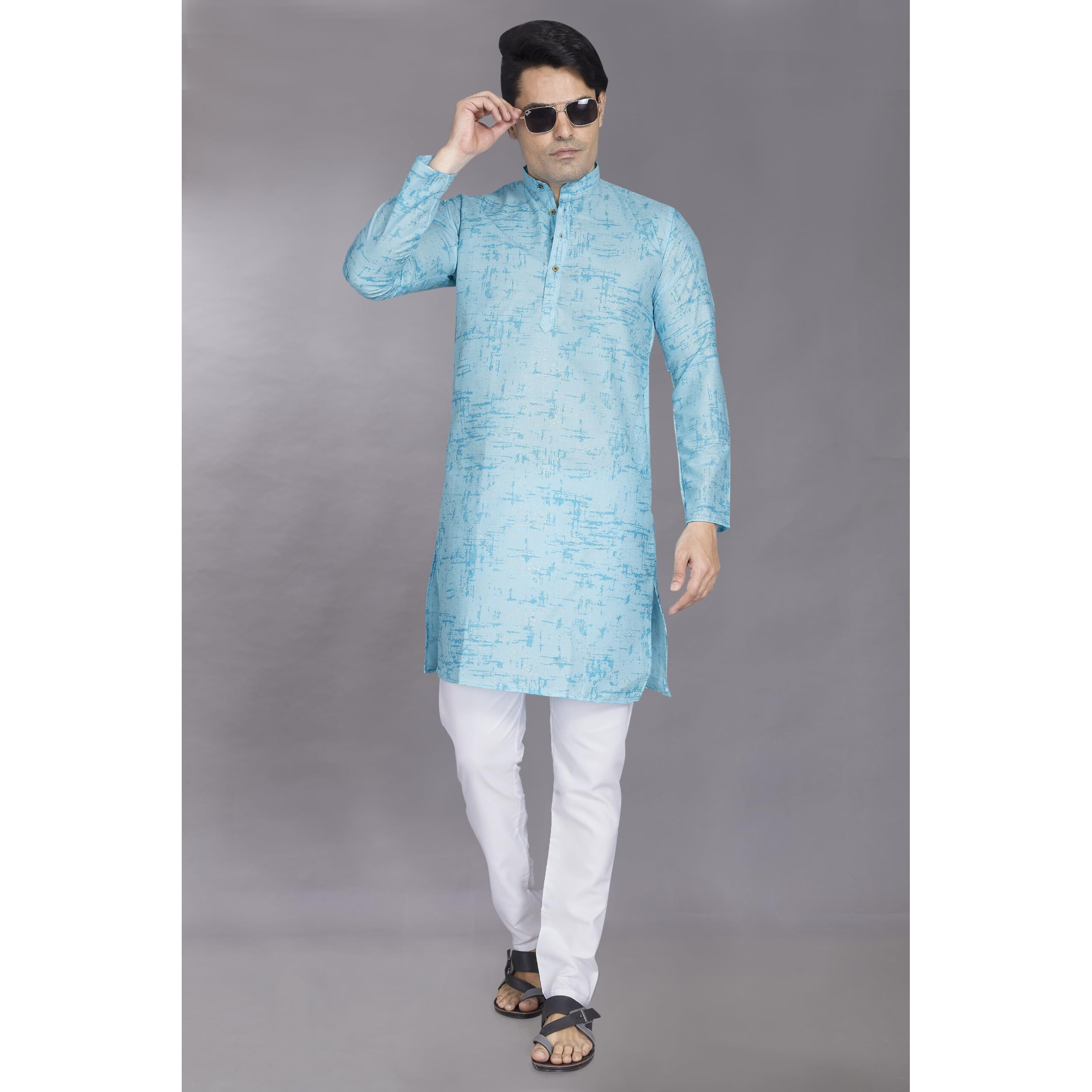 Divisive Men's Printed Cotton Blend Linen Slim Fit Kurta Pyjama Set (Dkrt872_M_Blue)