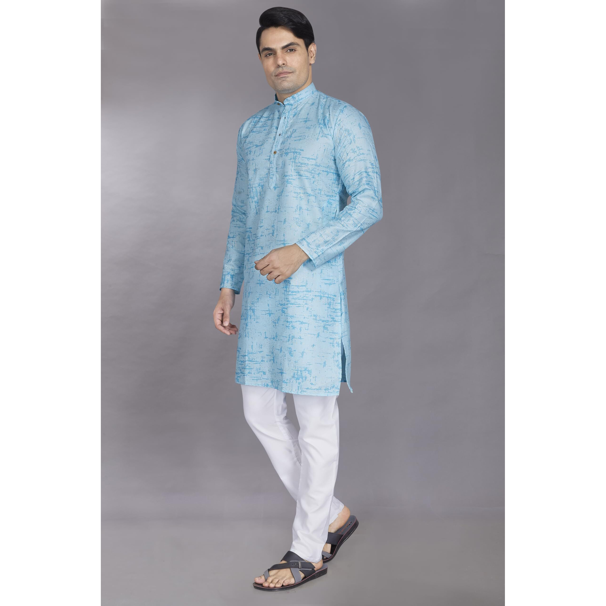 Divisive Men's Printed Cotton Blend Linen Slim Fit Kurta Pyjama Set (Dkrt872_M_Blue)