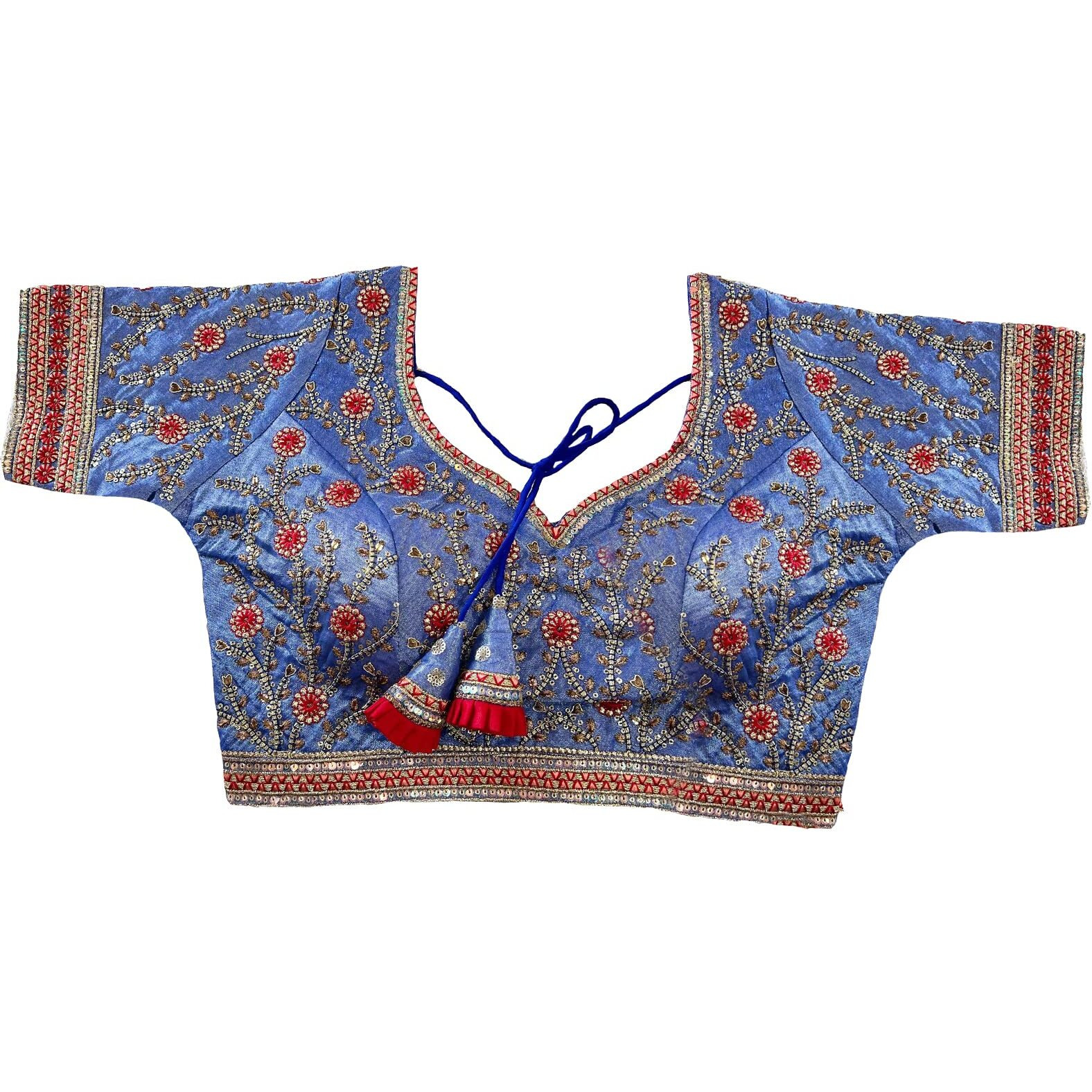 Pujia Mills Women's Milan Silk Embroidered With Sequins Work Half Sleeve Blouse (Indra Royal Blue 42)