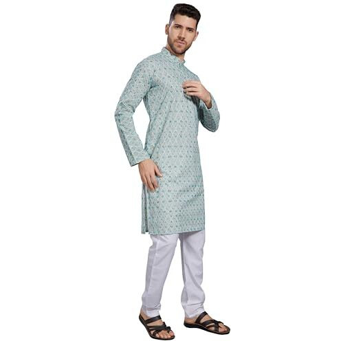 Divisive Men's Thread Embroidered Cotton Blend Only Slim Fit Kurta (Dkrt802_S_Off White -Turquoise)