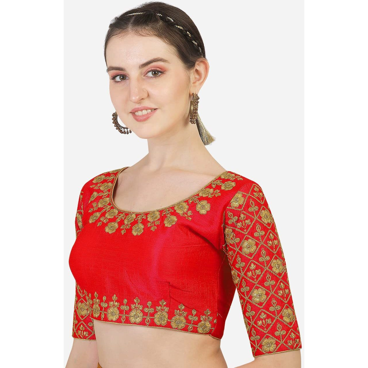 Pujia Mills Women's Silk Checkered Half Sleeve Blouse (Red Madhubala Blouse38_Red_38)