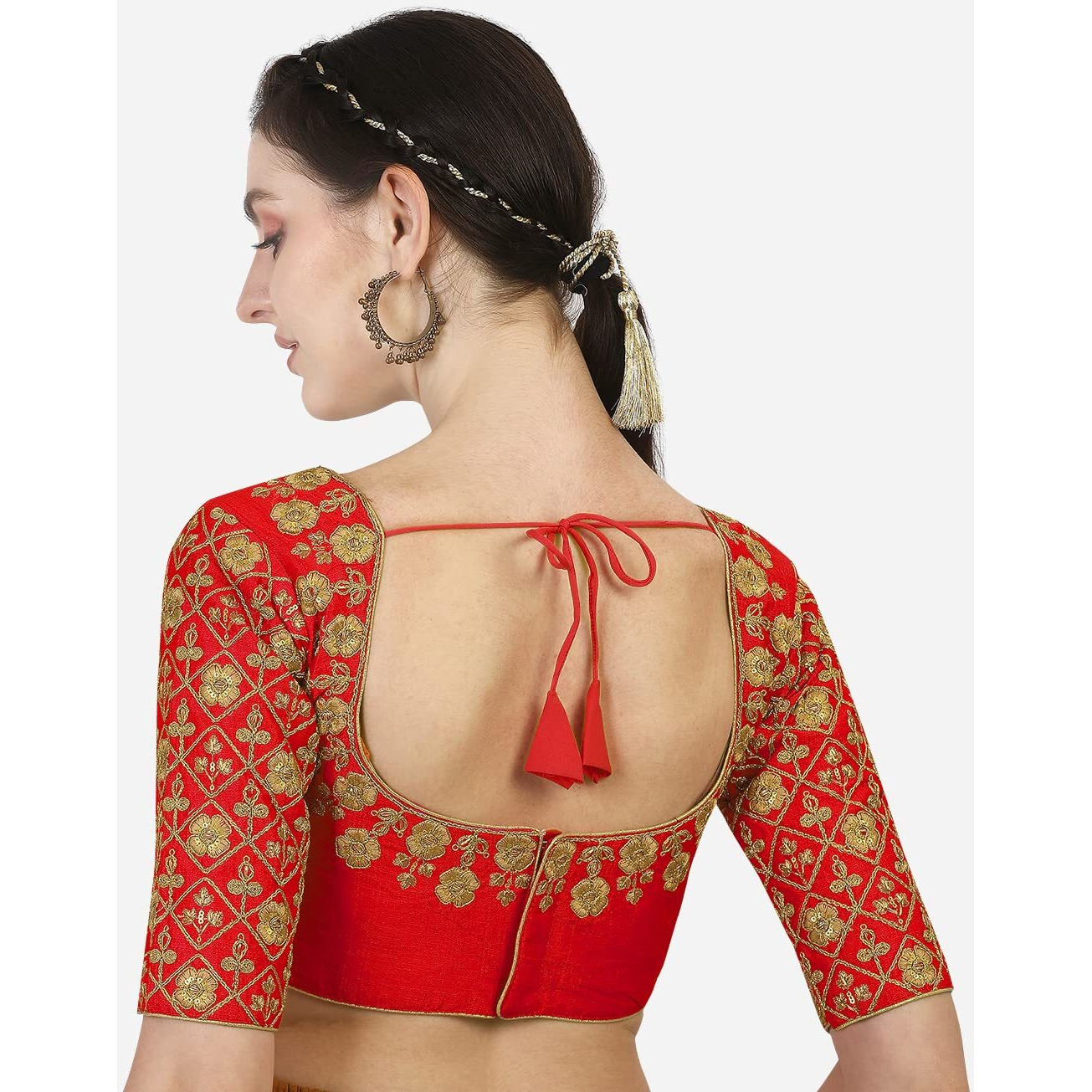 Pujia Mills Women's Silk Checkered Half Sleeve Blouse (Red Madhubala Blouse38_Red_38)