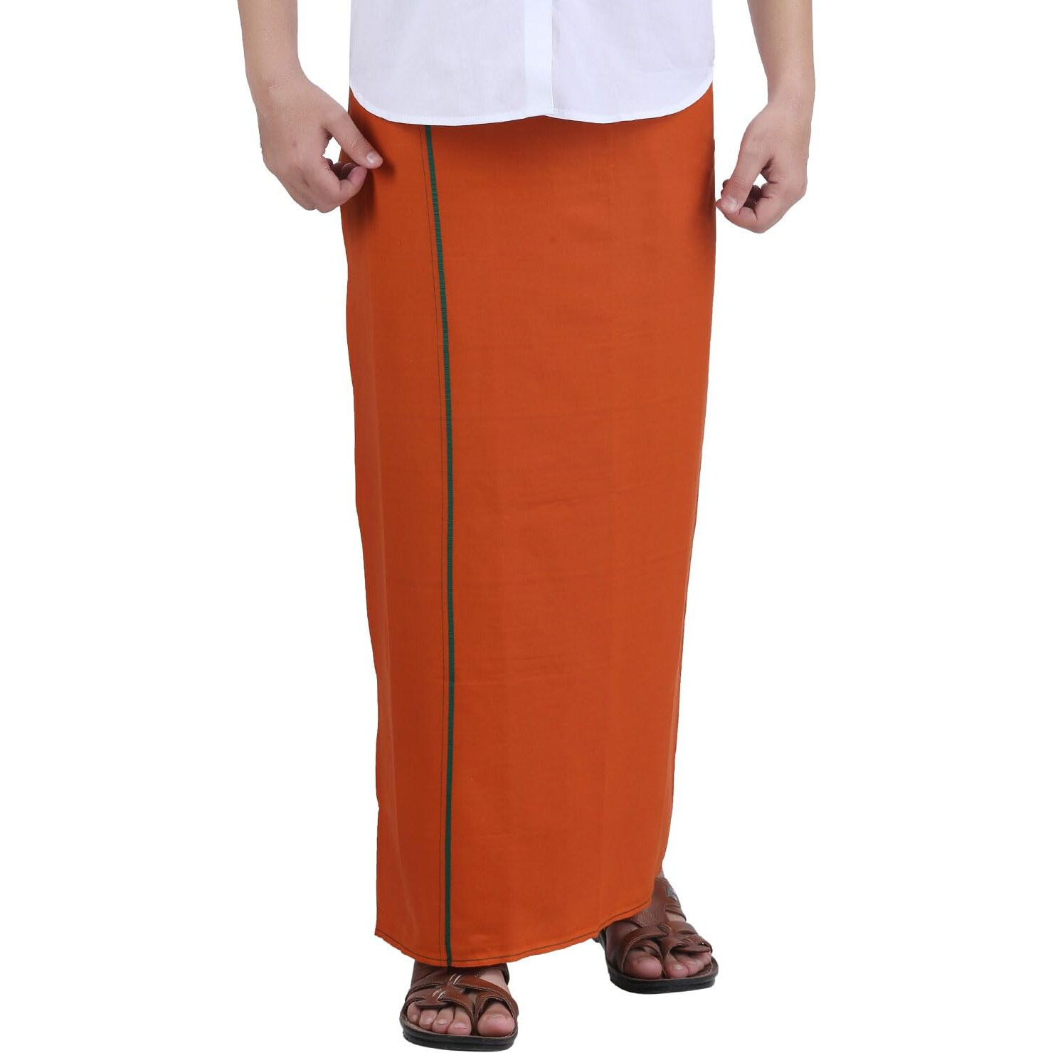 Prakasam Cotton Mens Dark Kaavi Colour Welcro Pocket Single Dhoti (Roja-Dark Kaavi) Size -Large (Hip Size 40 To 46)