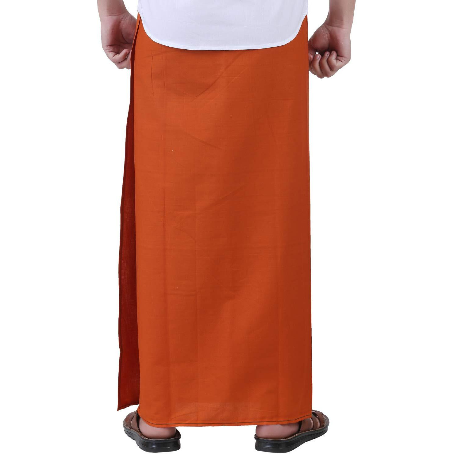 Prakasam Cotton Mens Dark Kaavi Colour Welcro Pocket Single Dhoti (Roja-Dark Kaavi) Size -Large (Hip Size 40 To 46)
