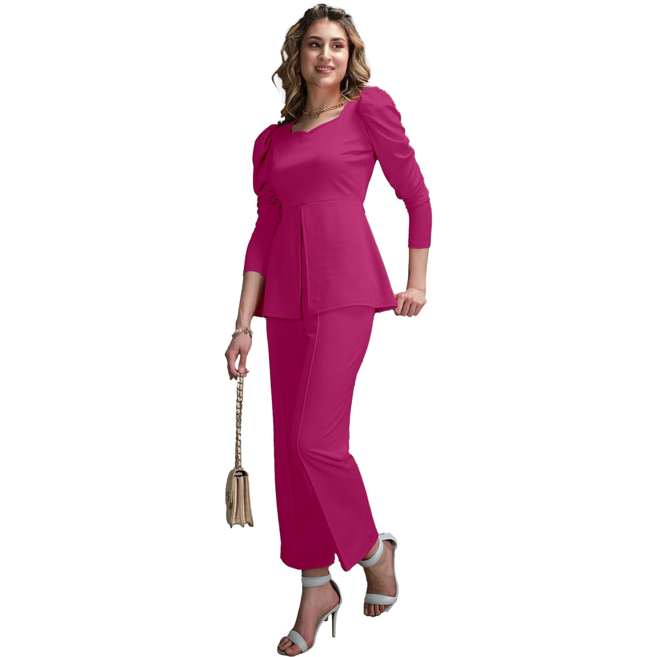 Elliti Solid Relaxed Fit Full Sleeve Co-Ord Set For Women's | Coord Sets | Top And Formal Trouser Co Ord Set For Women (Set Of 2 Piece) (Size Xl) (Color Rani)