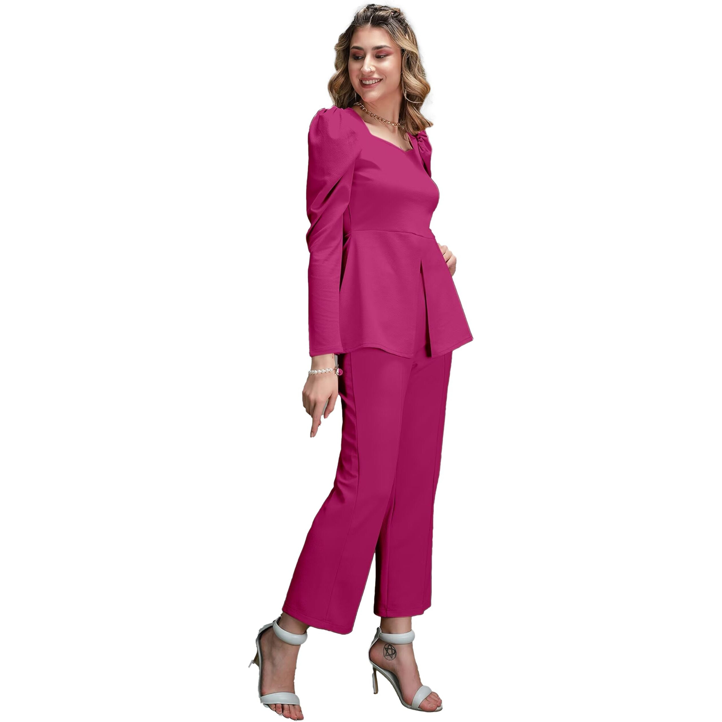 Elliti Solid Relaxed Fit Full Sleeve Co-Ord Set For Women's | Coord Sets | Top And Formal Trouser Co Ord Set For Women (Set Of 2 Piece) (Size Xl) (Color Rani)
