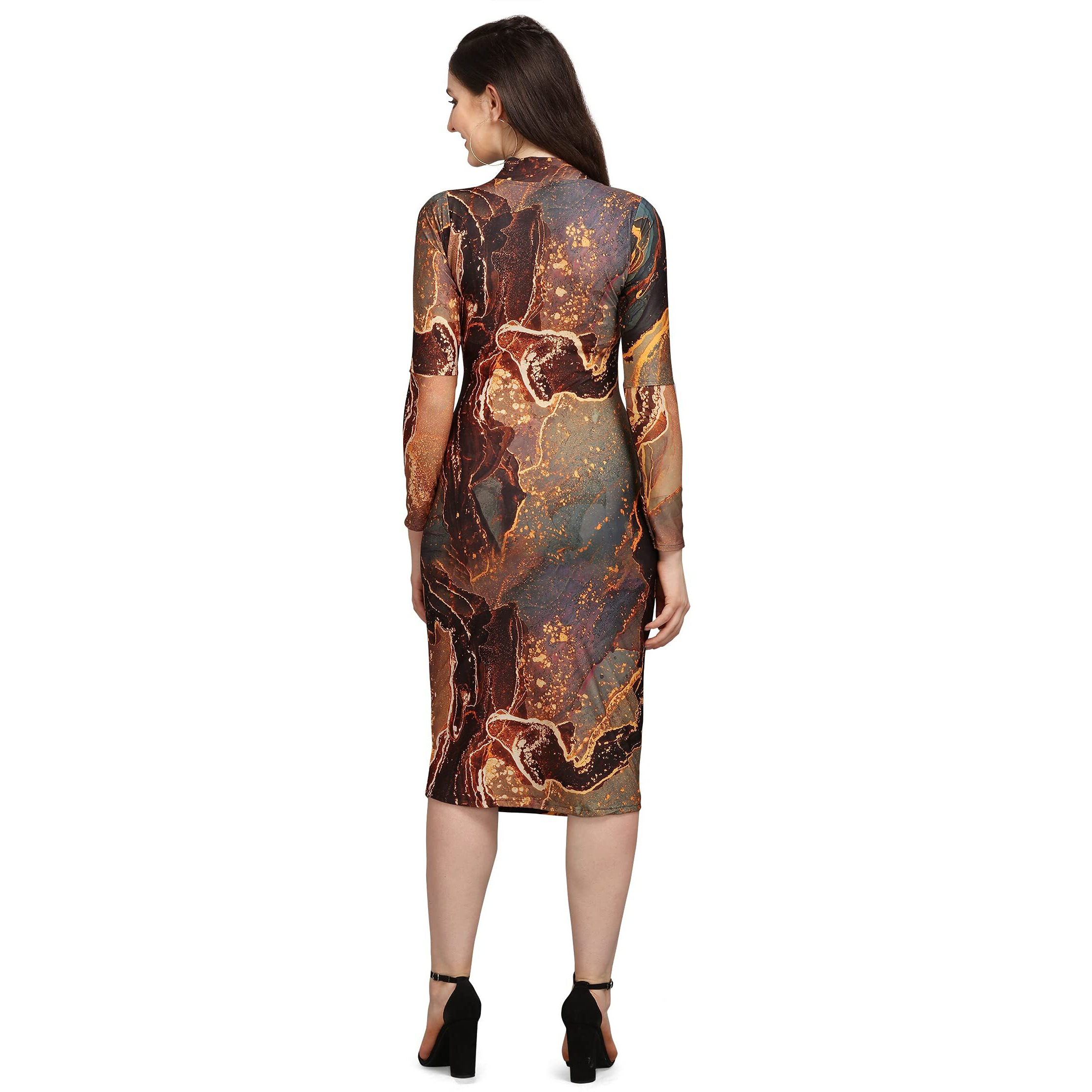 Purvaja Women's Polyester Blend Bodycon Knee Length Cocktail Dress (Siri-Turtle-Brown-Xl