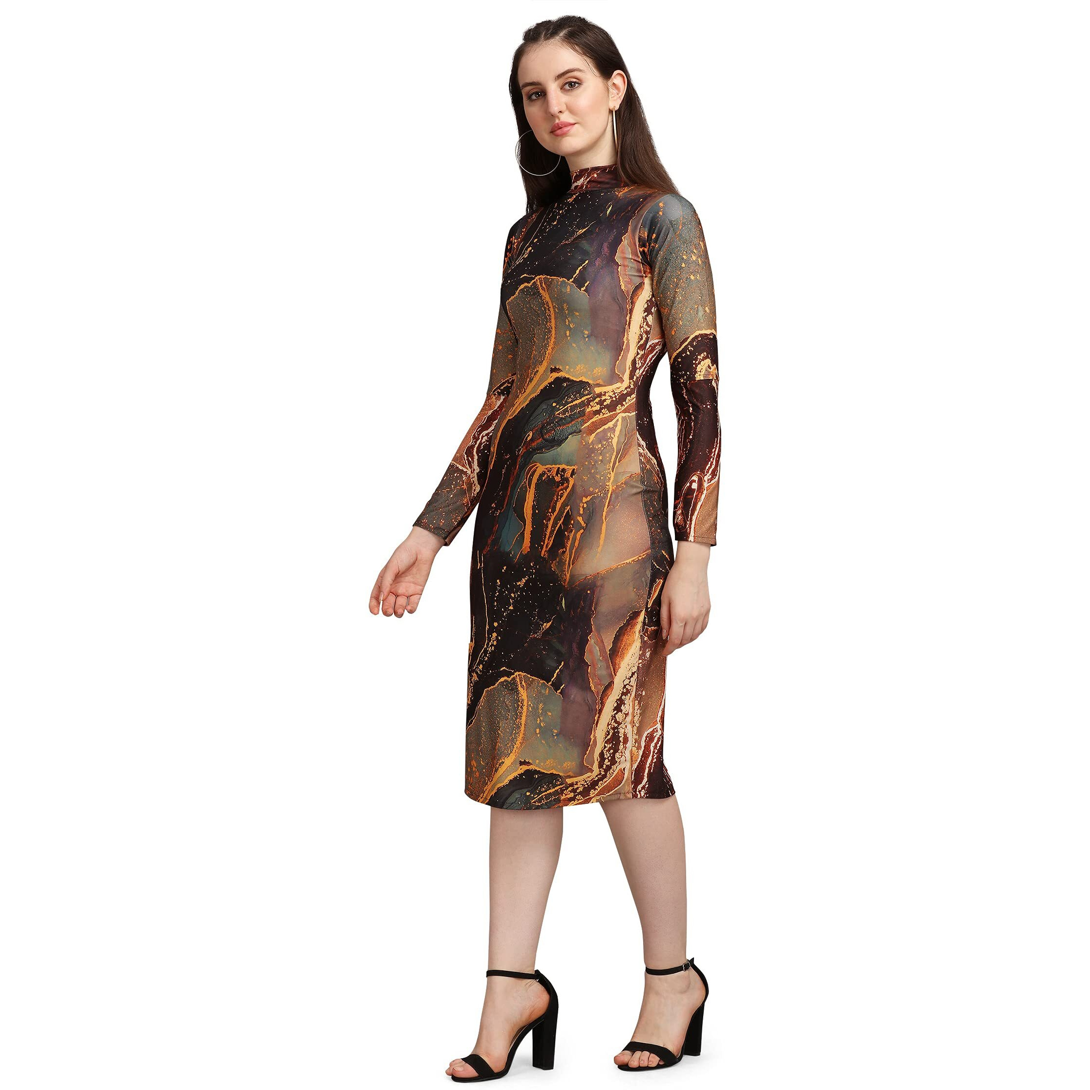 Purvaja Women's Polyester Blend Bodycon Knee Length Cocktail Dress (Siri-Turtle-Brown-Xl
