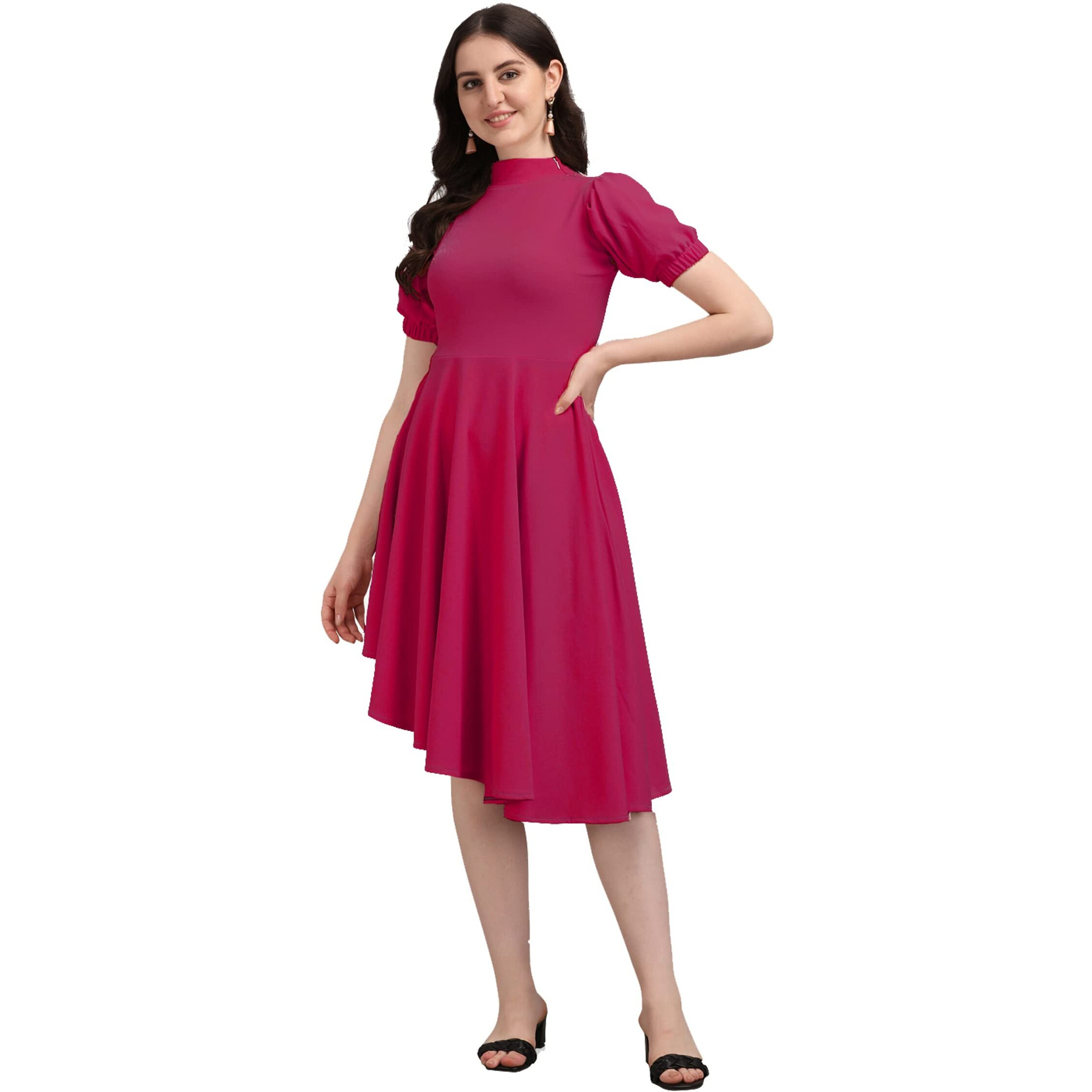 Purvaja Womens High-Low Knee Length Dress(Ruby-062-To-069) (In, Alpha, S, Pink)