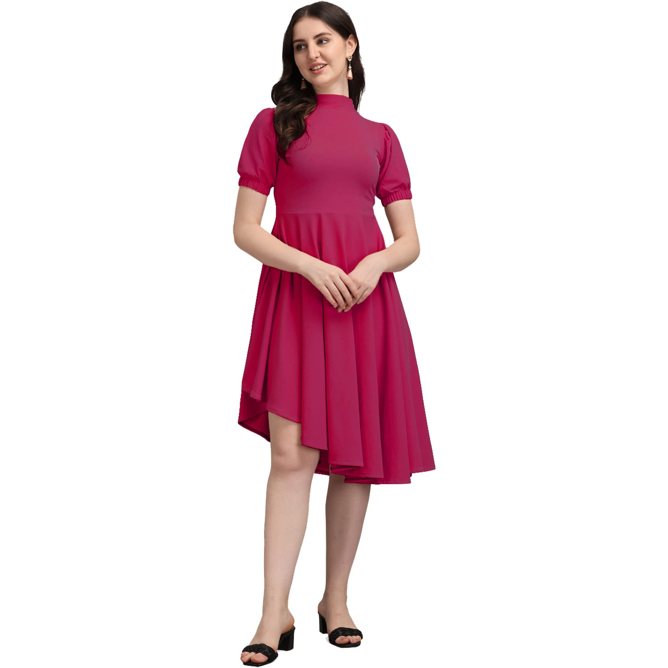 Purvaja Womens High-Low Knee Length Dress(Ruby-062-To-069) (In, Alpha, S, Pink)