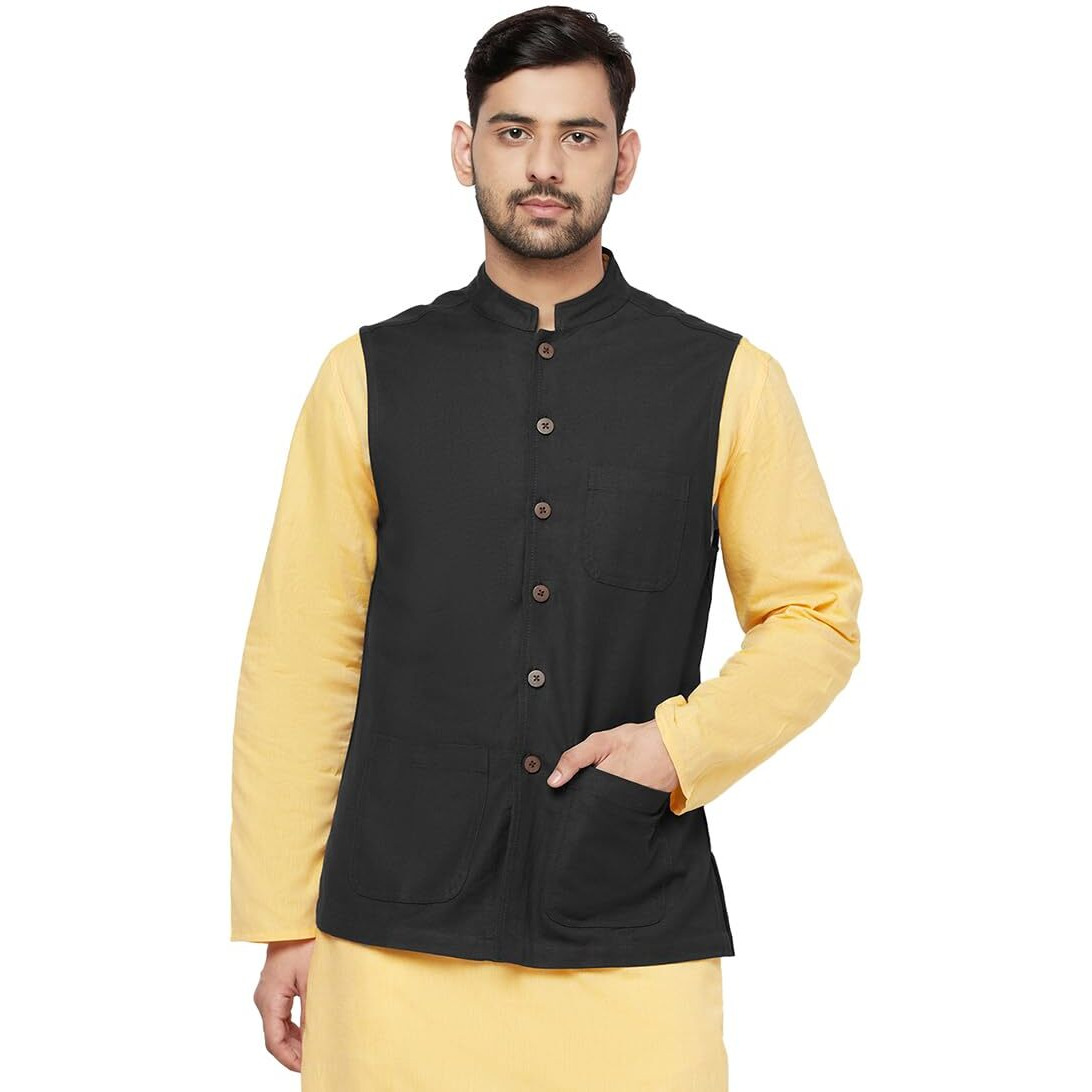 Fabindia Men's Black Cotton Bhagalpur Chinese Collar Nehru Jacket (101782702
