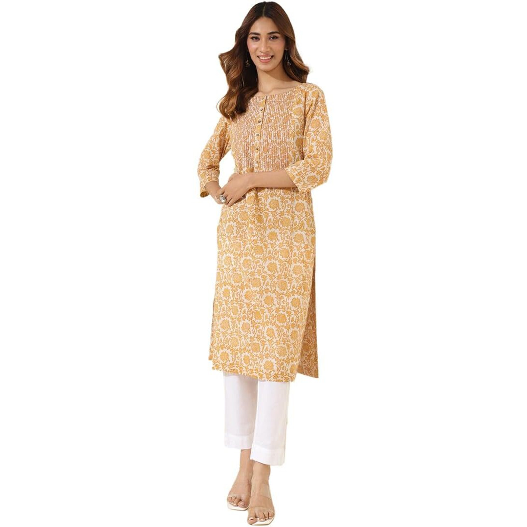Fabindia Women's Cotton Printed Regular Kurta (1037296Yellow_Yellow