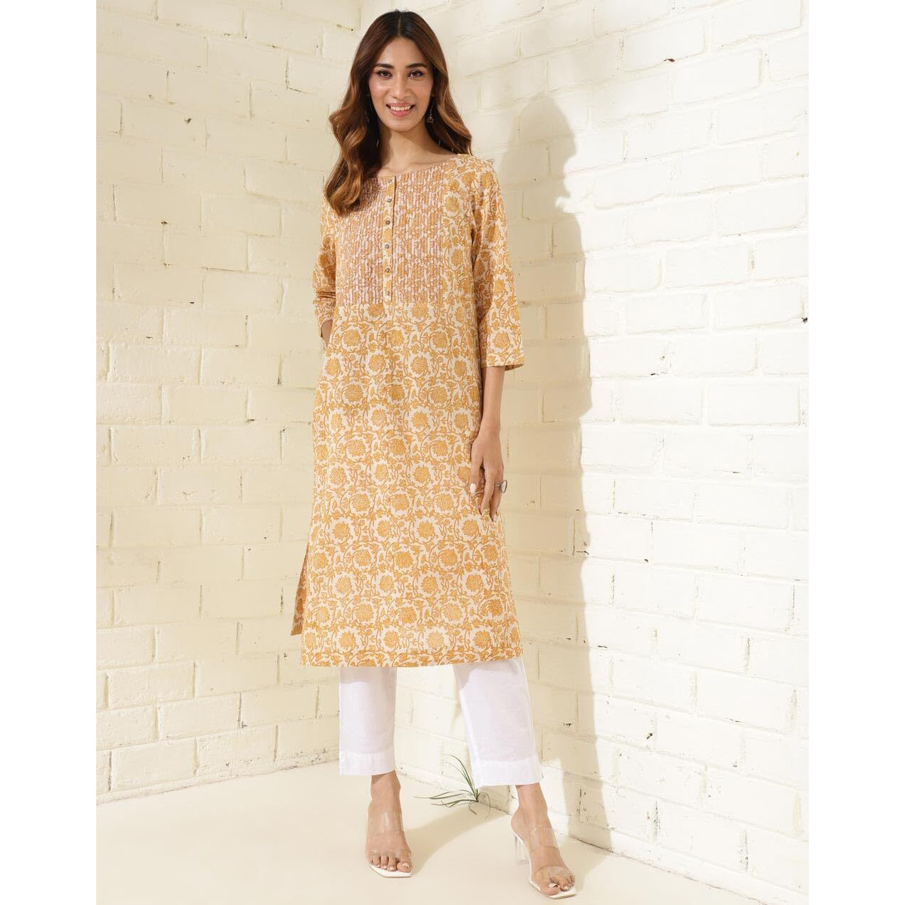 Fabindia Women's Cotton Printed Regular Kurta (1037296Yellow_Yellow