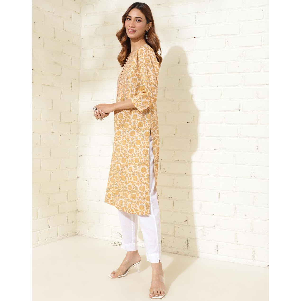 Fabindia Women's Cotton Printed Regular Kurta (1037296Yellow_Yellow