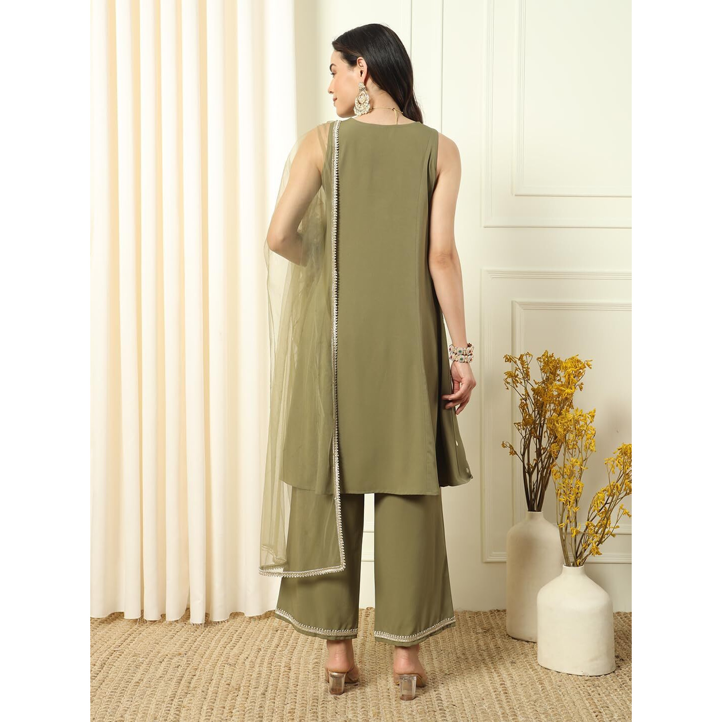 Fiorra Women's Mehndi Green Crepe Kurta And Palazzo With Matching Dupatta Set0149