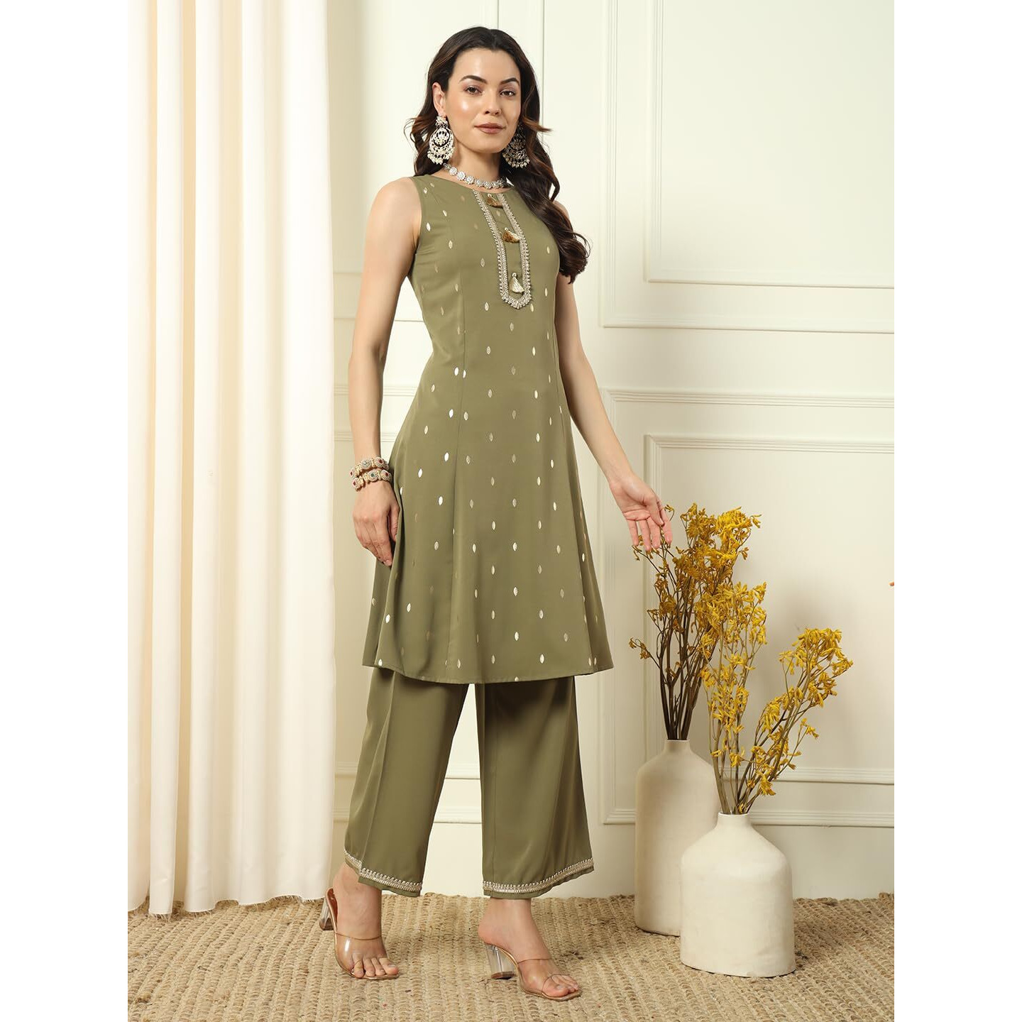 Fiorra Women's Mehndi Green Crepe Kurta And Palazzo With Matching Dupatta Set0149