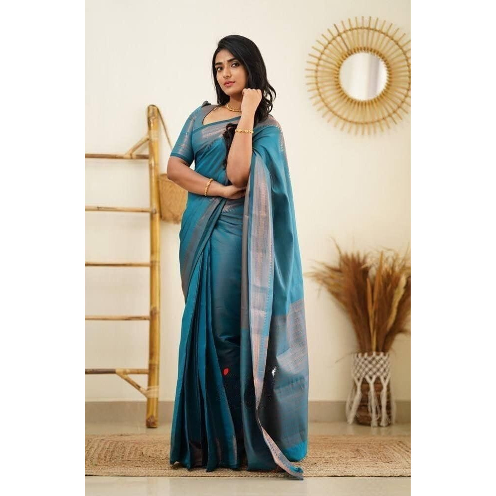 Flosive Women's Present Banarasi Soft Lichi Silk Saree Beautiful Jacquard Rich Pallu Design Work Zari Woven Kanjivaram Silk Style Saree With Soft Lichi Silk Blouse Piece Ayn (Rama)