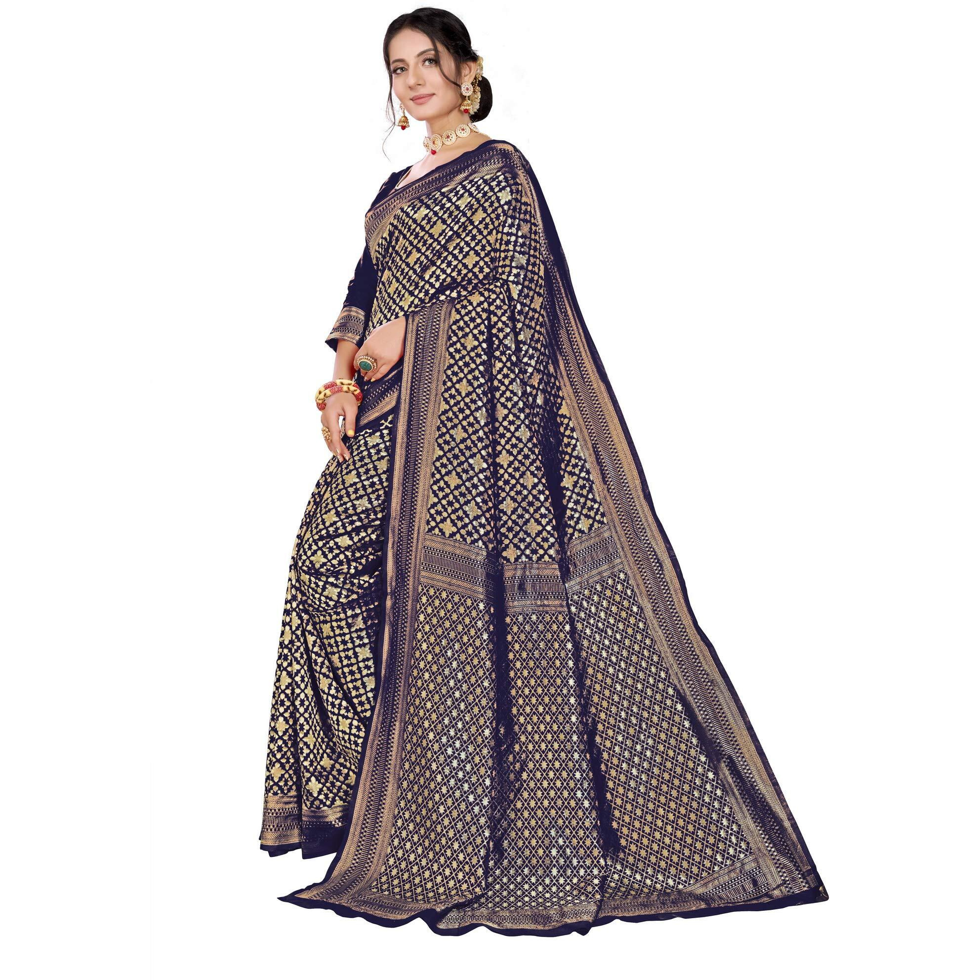 Glory Sarees Women's Banarasi Silk Saree (Kara130Navyblue_Navyblue)