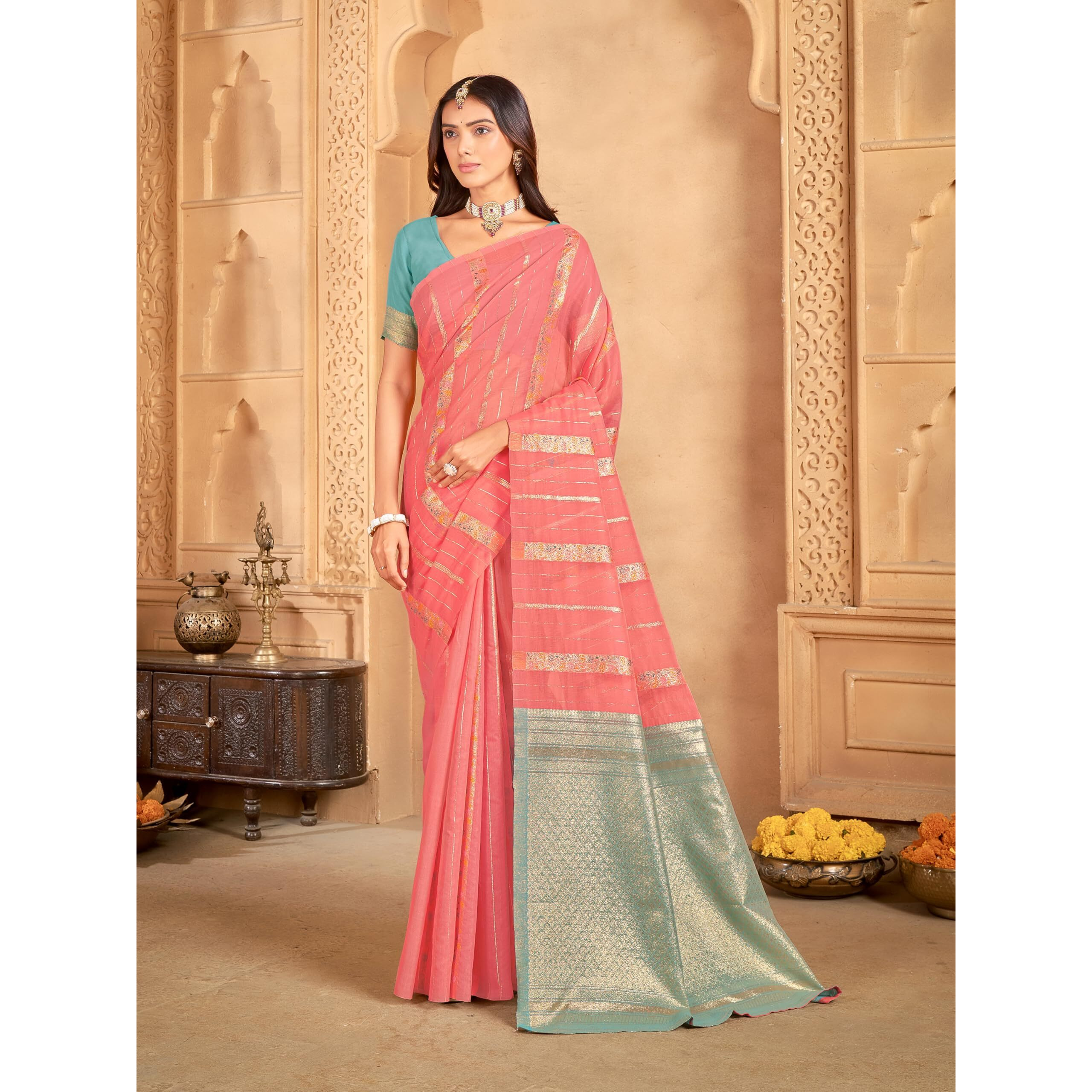 Glory Sarees Women's Sambalpuri Woven Jacquard Cotton Silk Saree With Blouse Piece (Sambalpurisarees102_Peach)