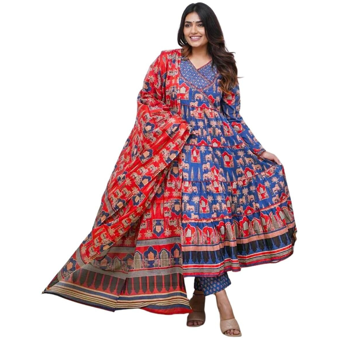 Greciilooks Women's Poly Rayon Regular Kurta Set (Gl-W.Kurta Set-K2762&P184&D122_Blue_2Xl)