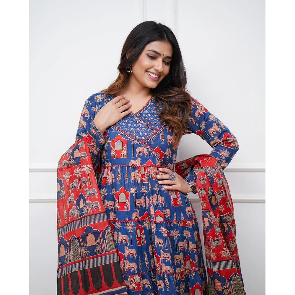 Greciilooks Women's Poly Rayon Regular Kurta Set (Gl-W.Kurta Set-K2762&P184&D122_Blue_2Xl)