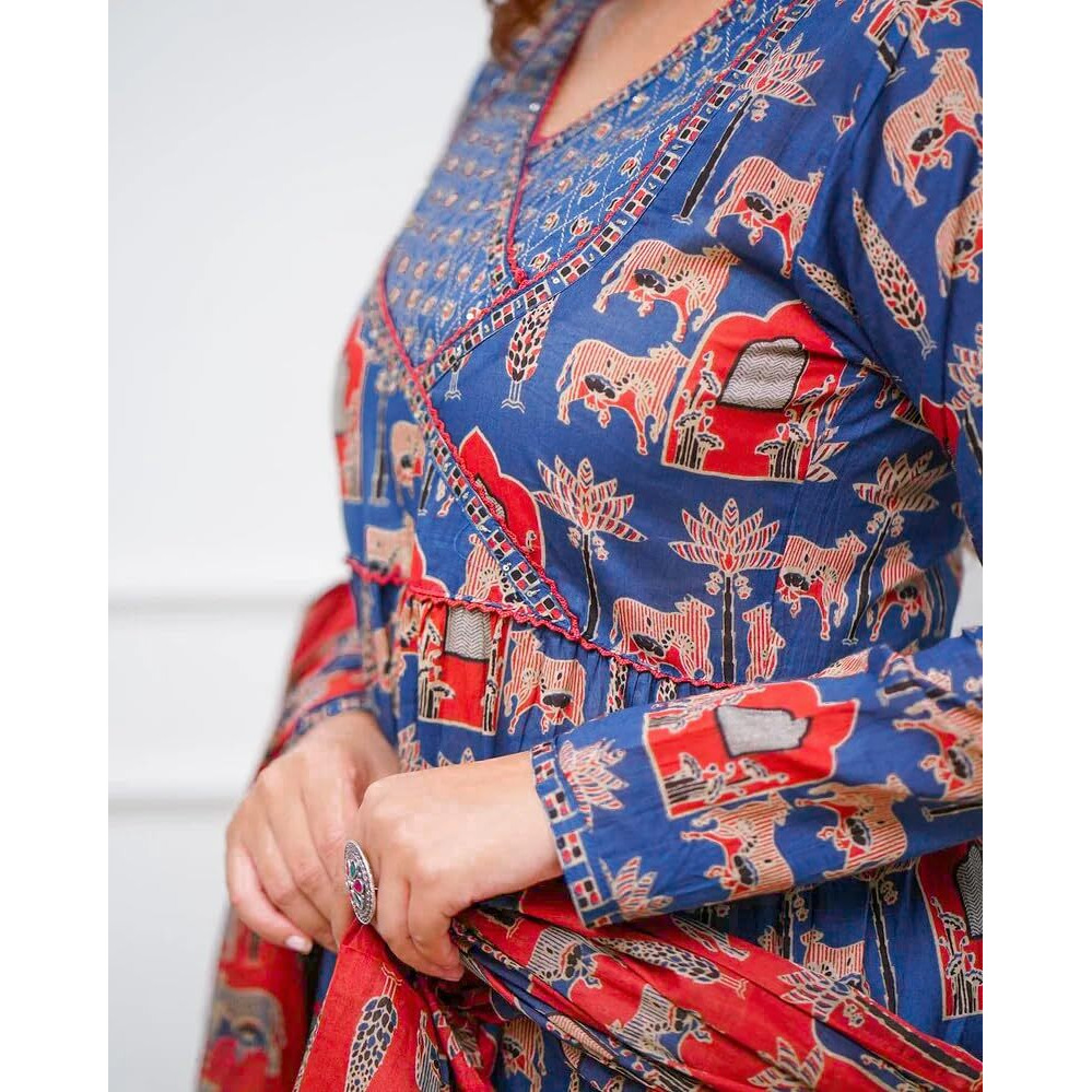 Greciilooks Women's Poly Rayon Regular Kurta Set (Gl-W.Kurta Set-K2762&P184&D122_Blue_2Xl)