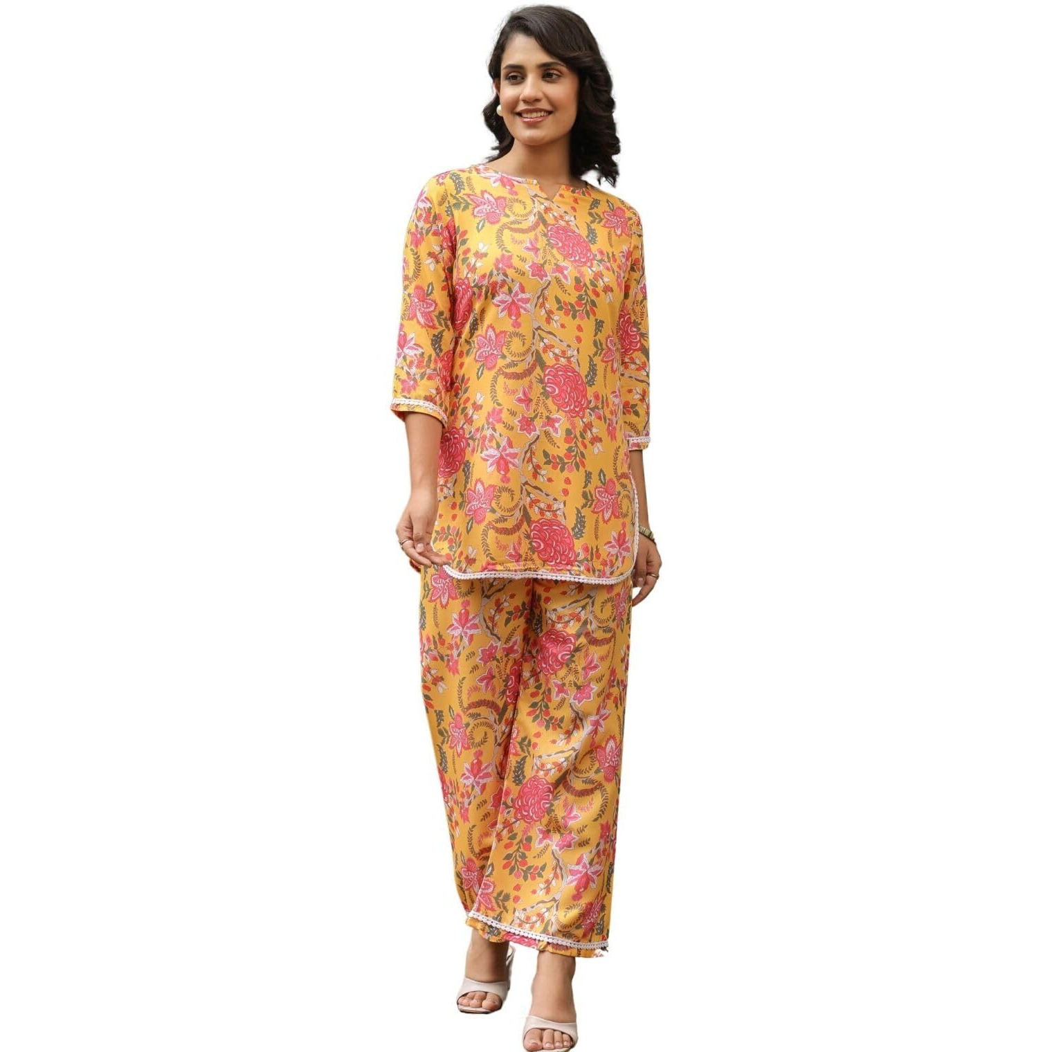 Greciilooks Women's Rayon Printed Regular Kurta Set (Gl-W2131&Tr1098_Yellow_2Xl)