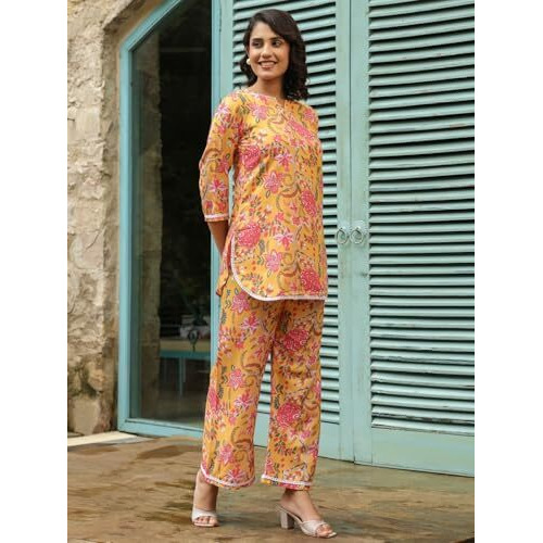 Greciilooks Women's Rayon Printed Regular Kurta Set (Gl-W2131&Tr1098_Yellow_2Xl)