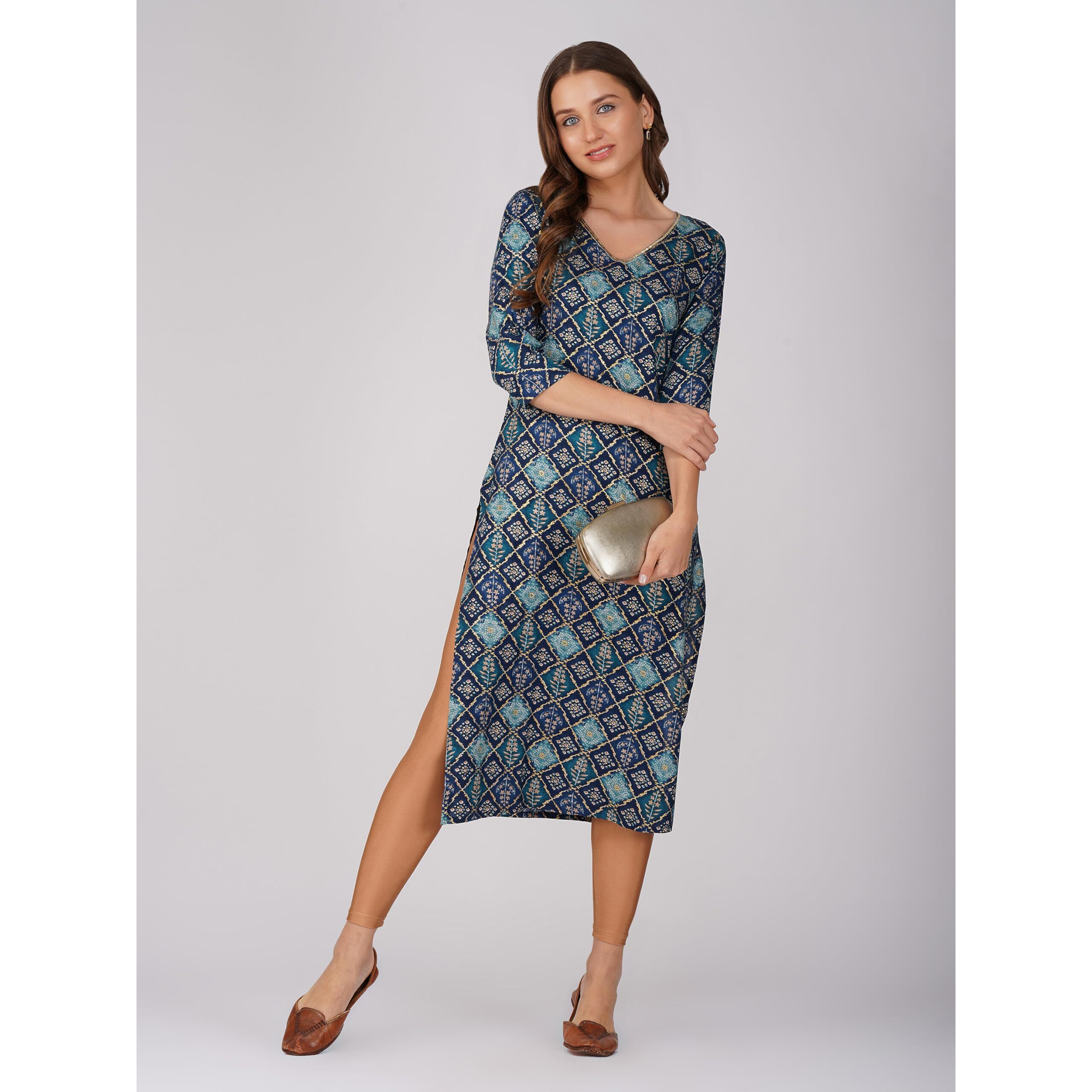 Rytras Women's Foil Printed Straight Kurta(Blue,3Xl)