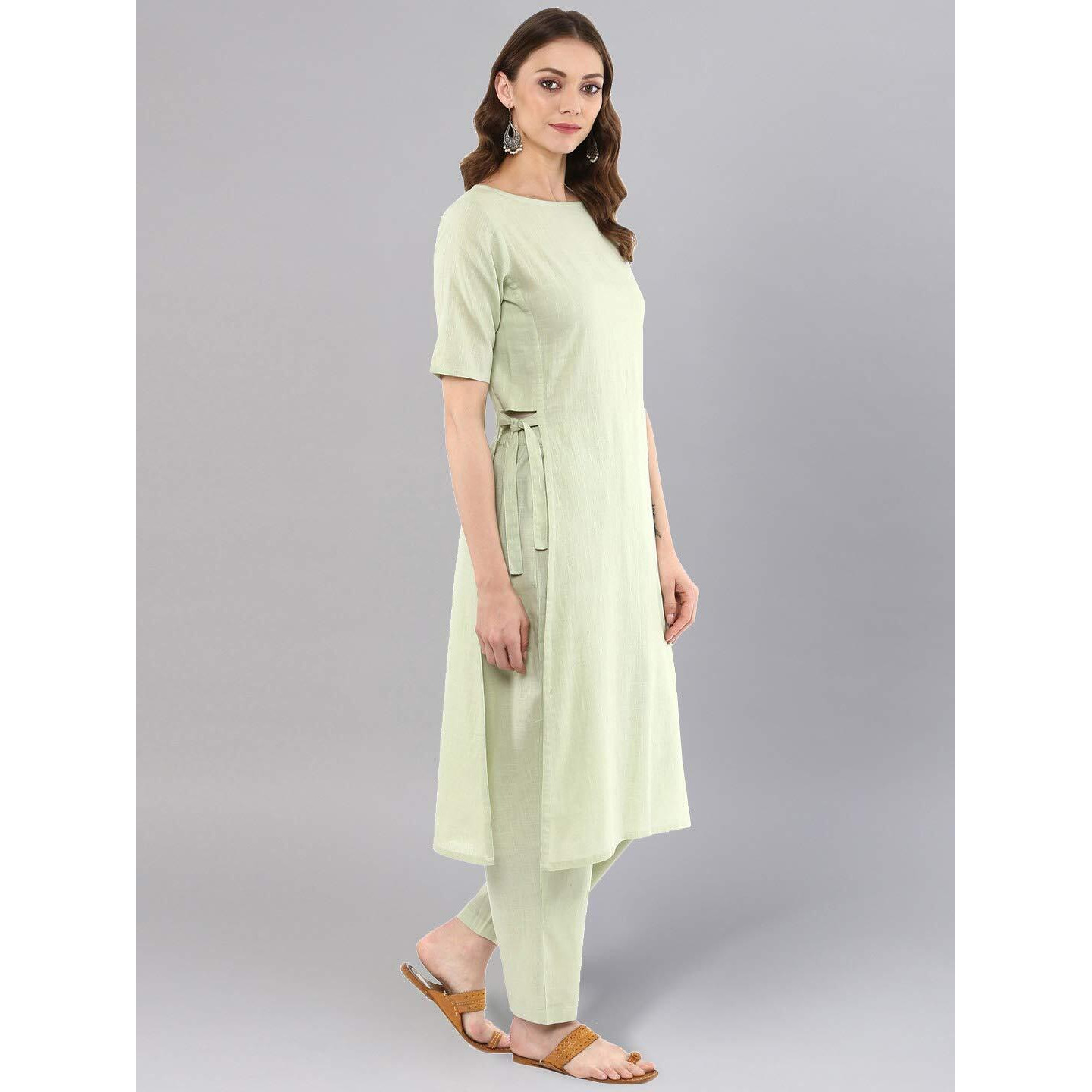 Idalia Sage Green Solid Straight Kurta Set With Pant - Stylish Boat Neck Kurta Design - Cotton Kurtas For Women - Elbow Sleeve, Knee-Length, Formal Fusion Wear, 2Xl