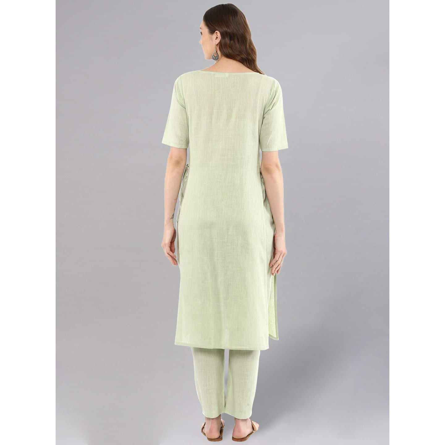 Idalia Sage Green Solid Straight Kurta Set With Pant - Stylish Boat Neck Kurta Design - Cotton Kurtas For Women - Elbow Sleeve, Knee-Length, Formal Fusion Wear, 2Xl