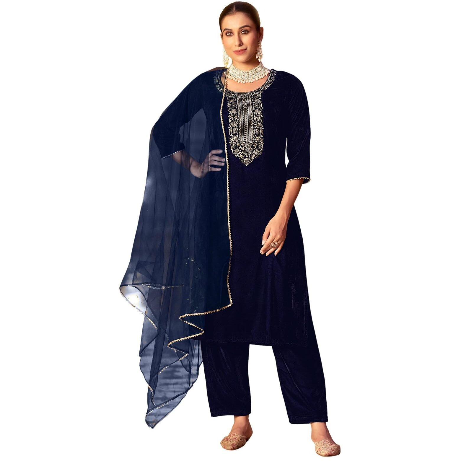 Sanisa Women's Velvet Sequins Embroidery Straight Kurta With Pant And Dupatta Set (224Kbd2372N-Xl_Navy Blue)