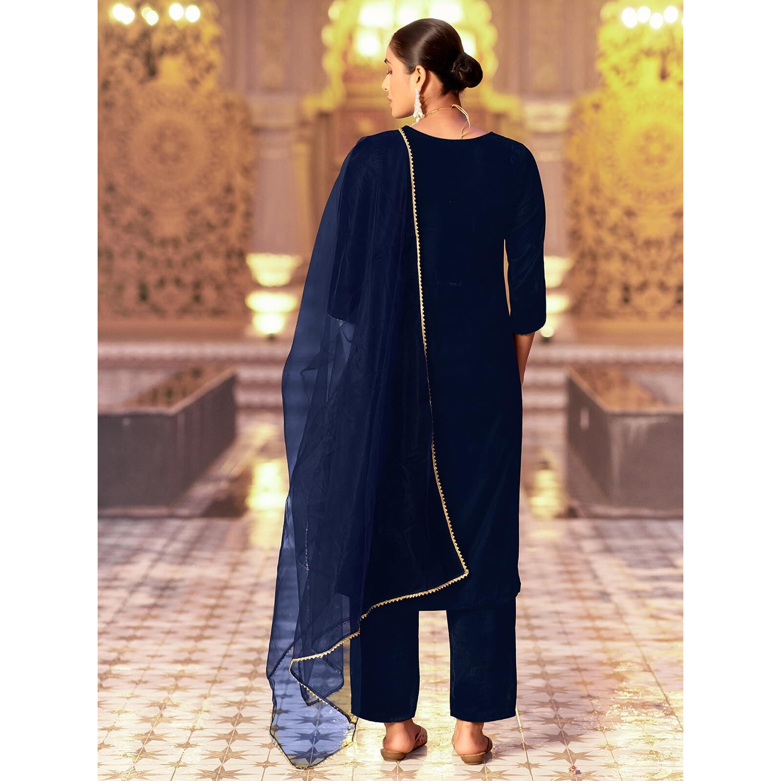 Sanisa Women's Velvet Sequins Embroidery Straight Kurta With Pant And Dupatta Set (224Kbd2372N-Xl_Navy Blue)