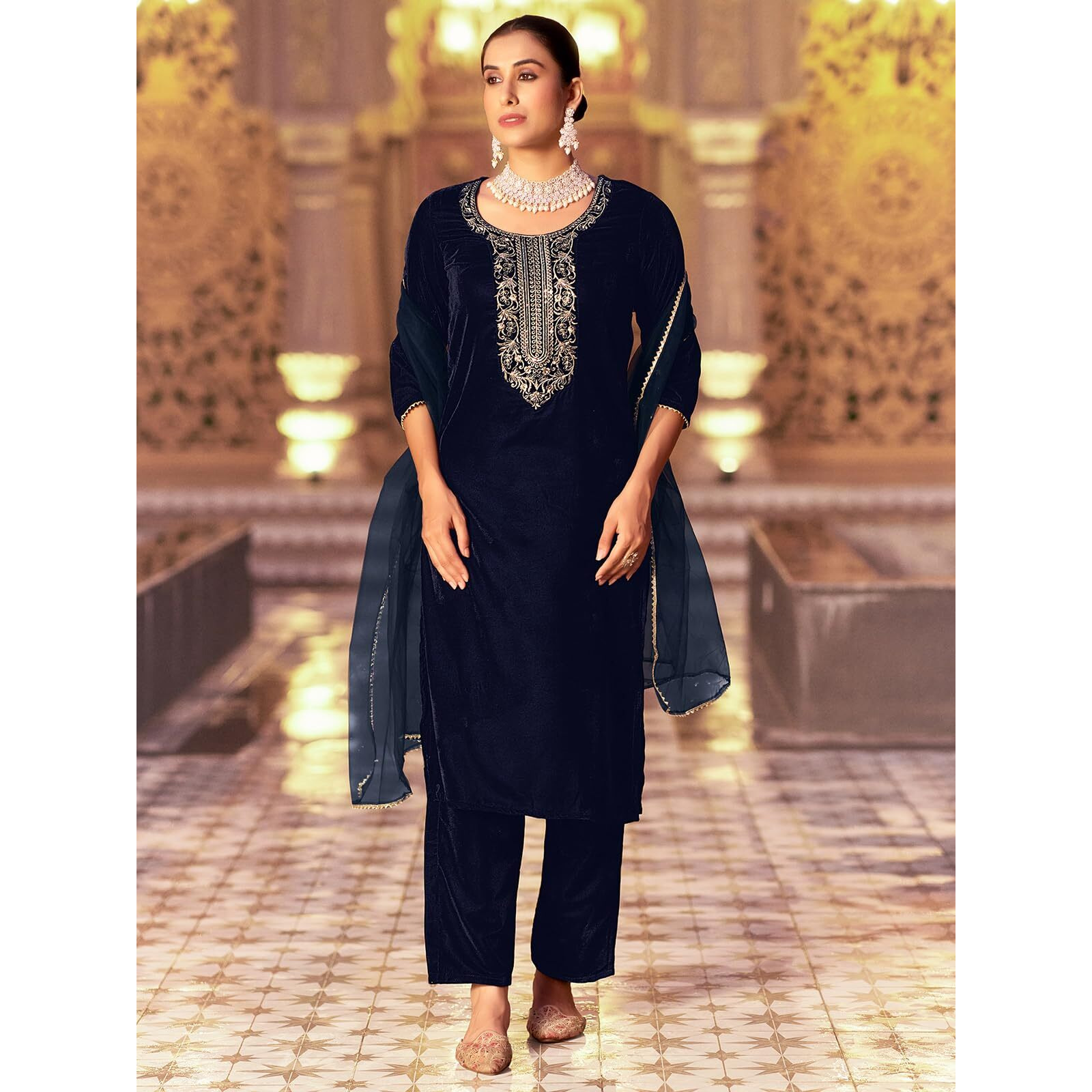 Sanisa Women's Velvet Sequins Embroidery Straight Kurta With Pant And Dupatta Set (224Kbd2372N-Xl_Navy Blue)