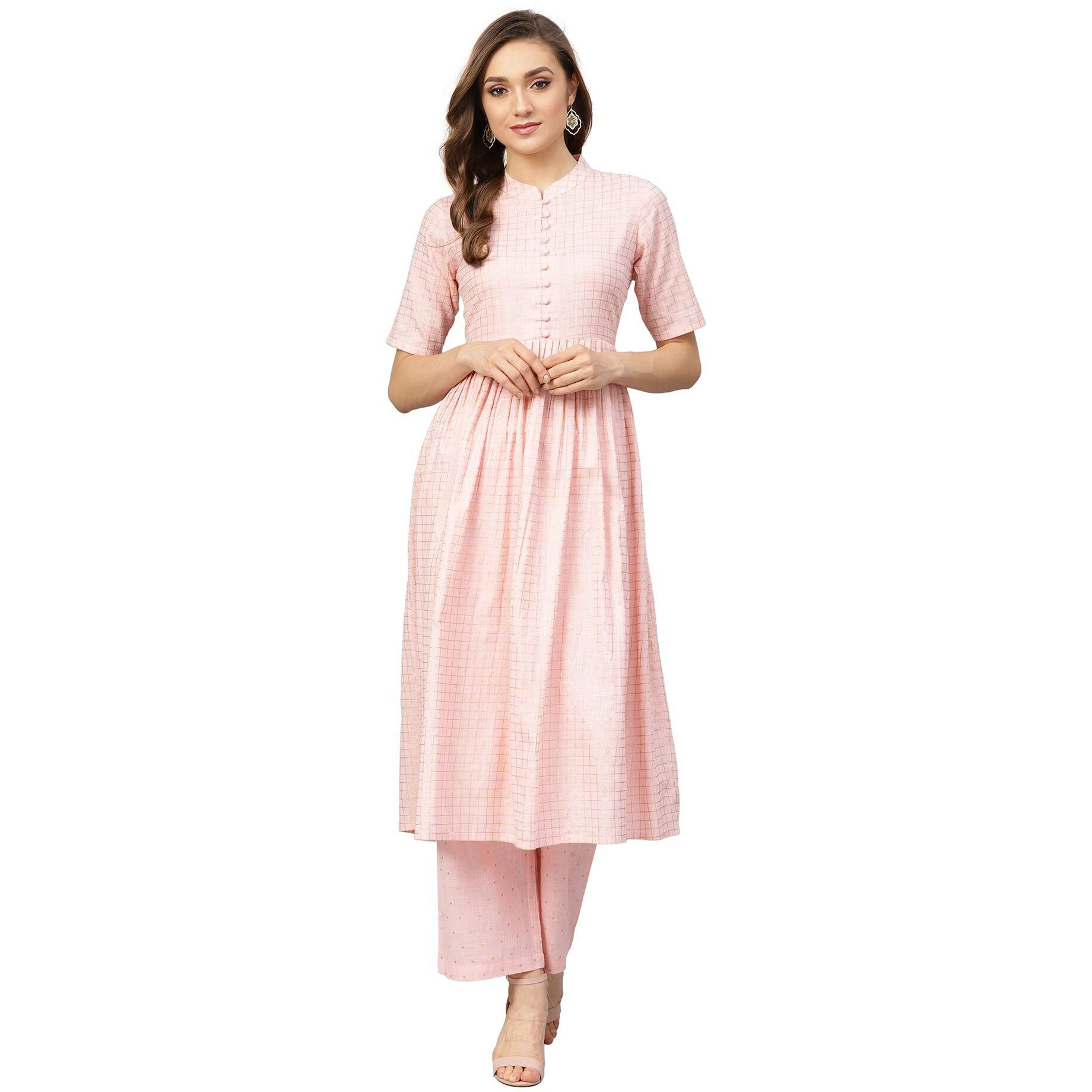 Idalia Women's Baby Pink Gold Printed Flared Cotton Kurta Set With Palazzo Pant