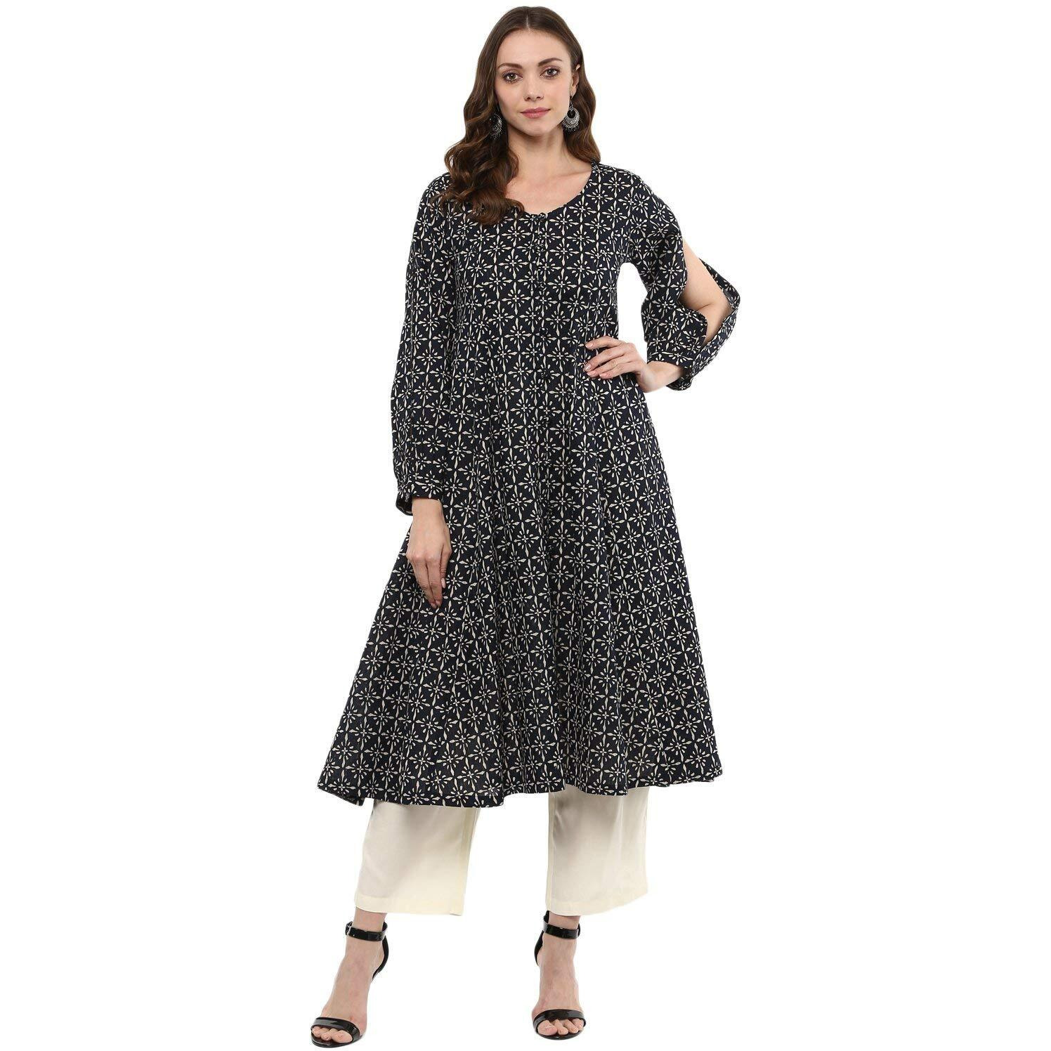 Idalia Cotton Blend Kurta Set For Women, 3/4 Sleeve, Calf-Length, Elegant Design For Special Occasions Navy Blue