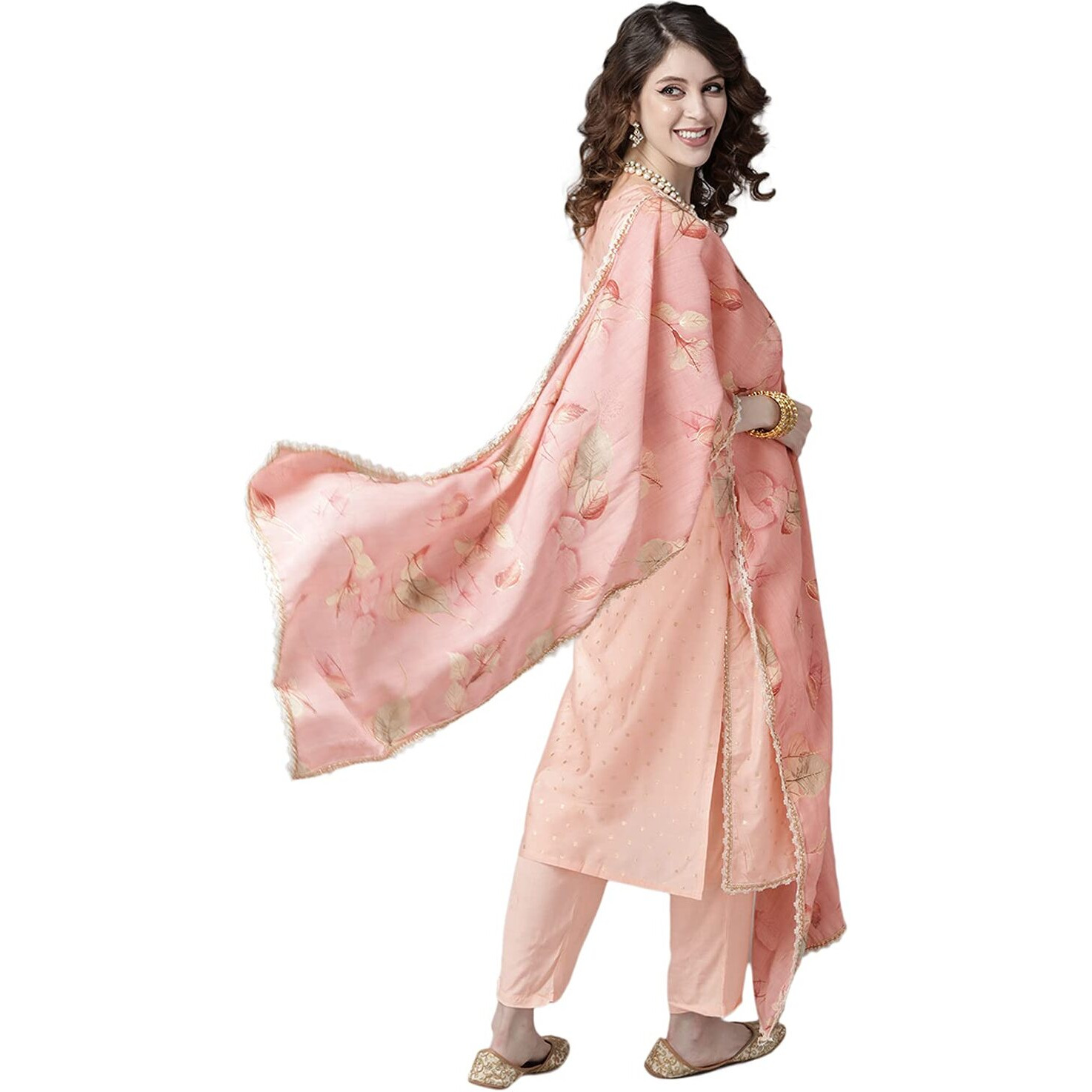 Ishin Women's Silk Blend Peach Yoke Design Embroidered A-Line Kurta Set With Trouser And Dupatta