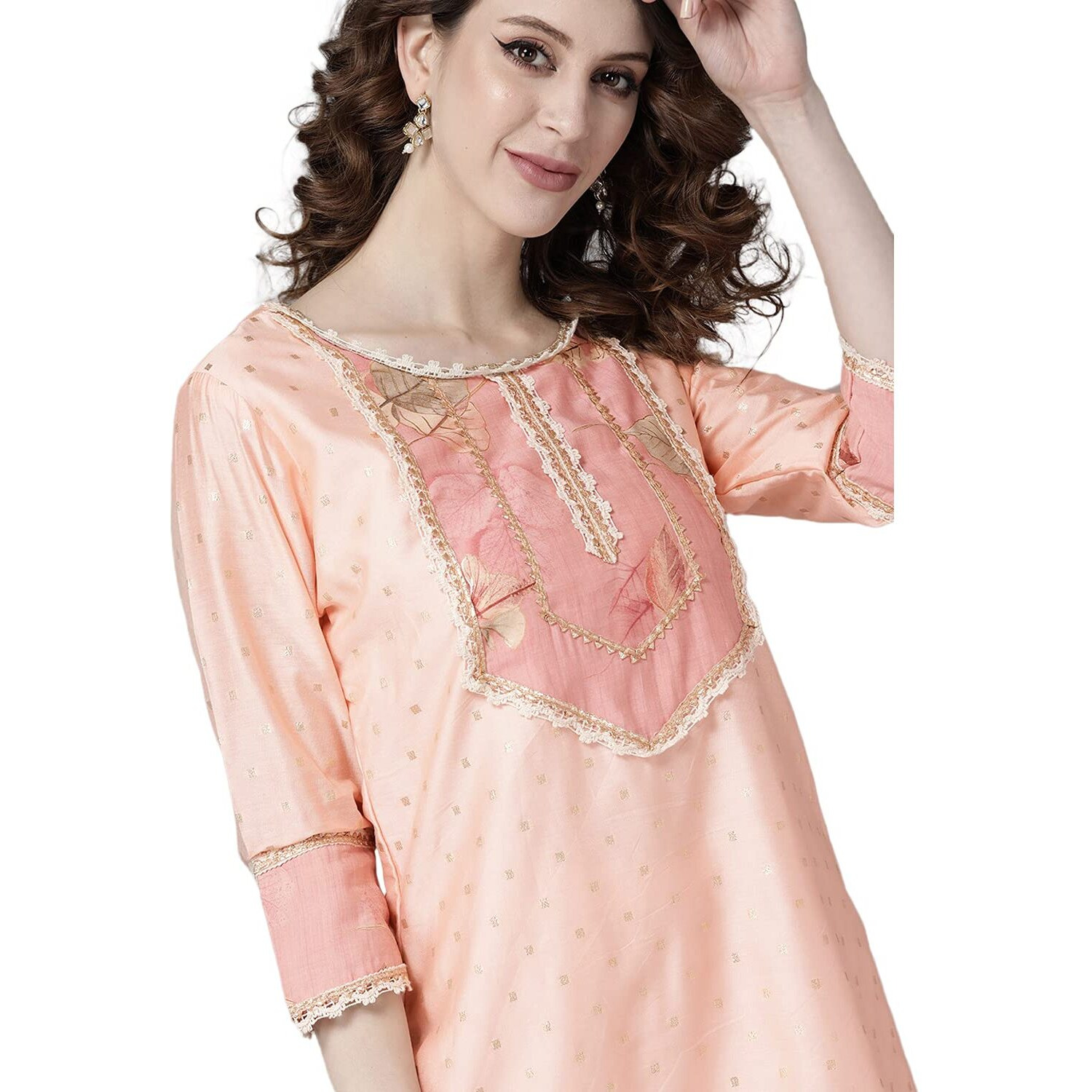 Ishin Women's Silk Blend Peach Yoke Design Embroidered A-Line Kurta Set With Trouser And Dupatta