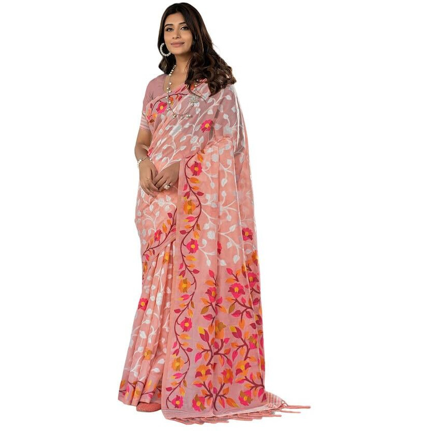 Satrani Women's Cotton Jacquard Saree With Unstitched Blouse Piece (3417S215N_Peach & White)
