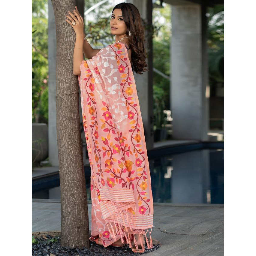 Satrani Women's Cotton Jacquard Saree With Unstitched Blouse Piece (3417S215N_Peach & White)