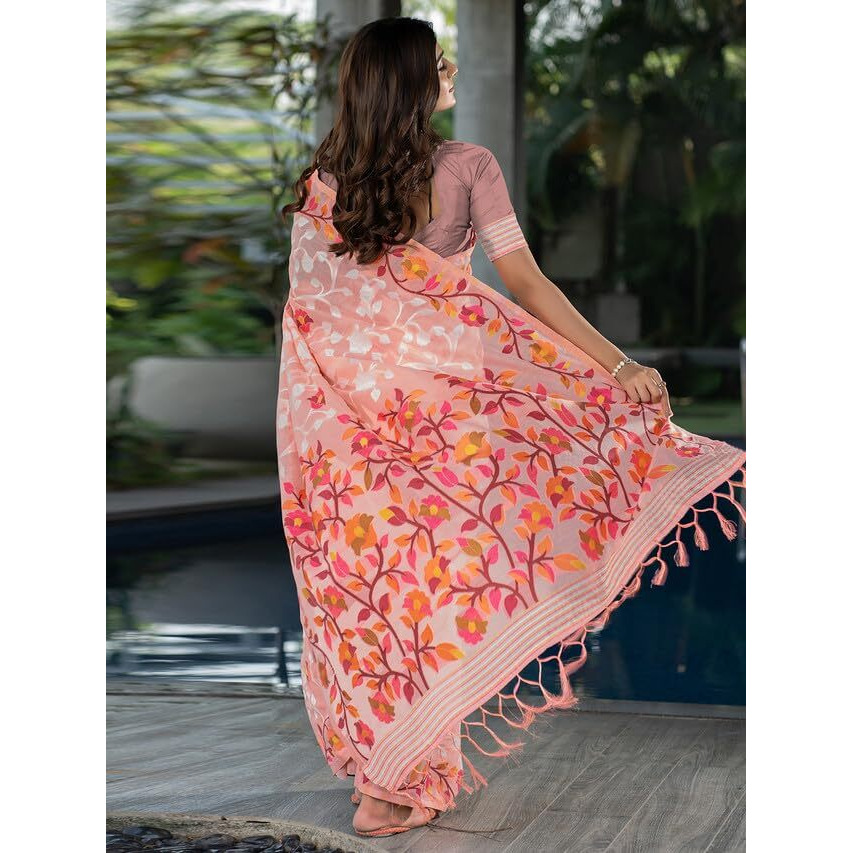 Satrani Women's Cotton Jacquard Saree With Unstitched Blouse Piece (3417S215N_Peach & White)
