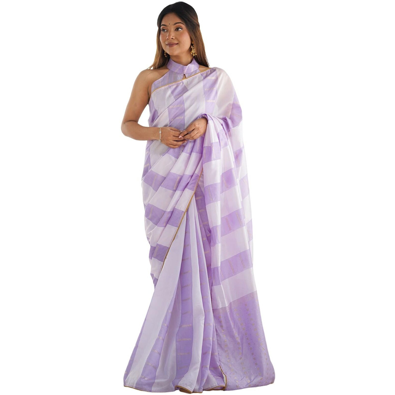 Satrani Women's Silk Blend Printed Weaving Saree With Unstitched Blouse Piece (4135S149N_Lavender & White)