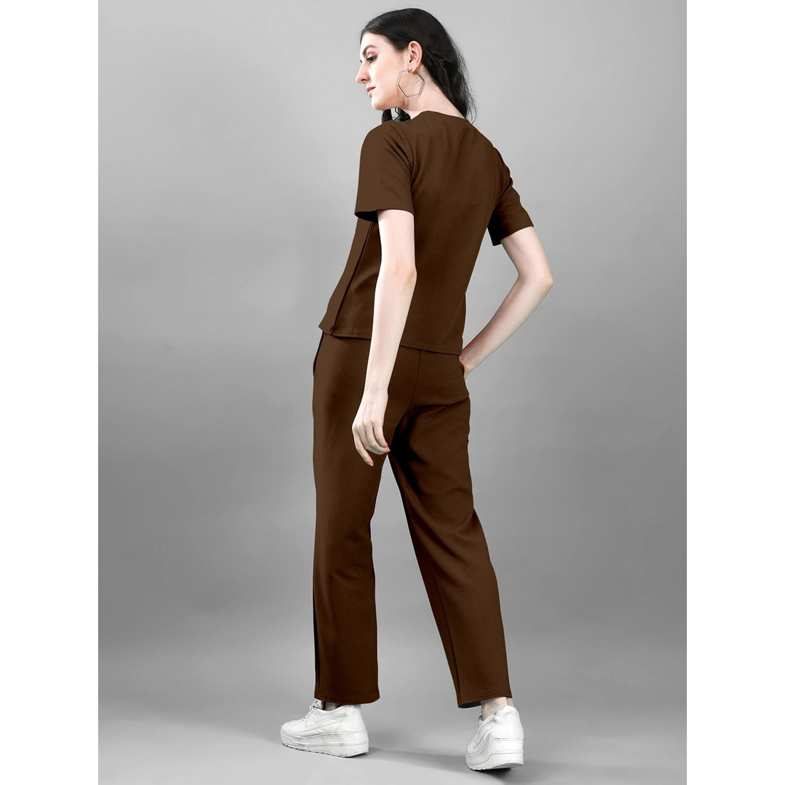 Selvia Co-Ords Set For Women|Lycra Top & Trouser Set|Casual Co-Ords Set For Women|Solid Two Piece Co-Ord Set|Sports Wear Co-Ords Set(707Ctk11667N-L_Brown)