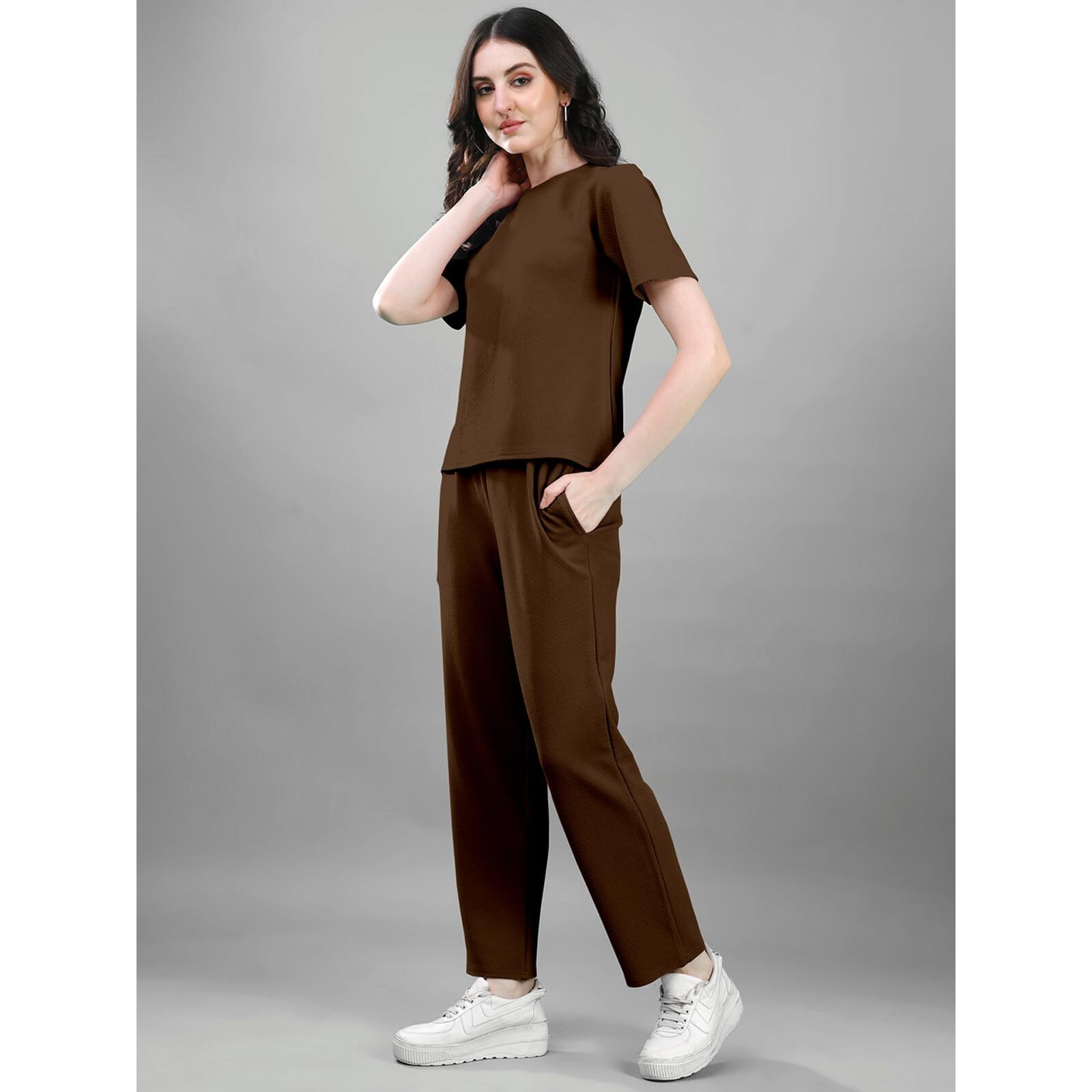 Selvia Co-Ords Set For Women|Lycra Top & Trouser Set|Casual Co-Ords Set For Women|Solid Two Piece Co-Ord Set|Sports Wear Co-Ords Set(707Ctk11667N-L_Brown)