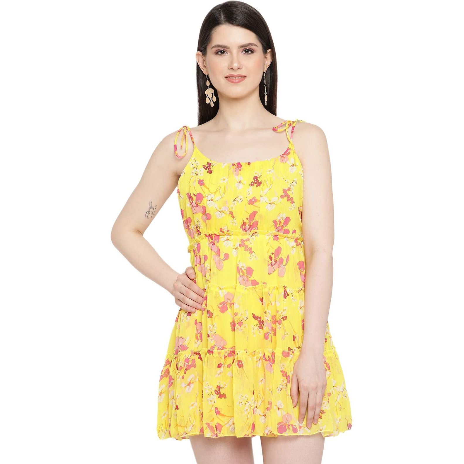 Shasmi Women's Yellow Chiffon Solid Floral Off Shoulder Fit & Flare Dress For Women (Dress 56 Yellow Xl)